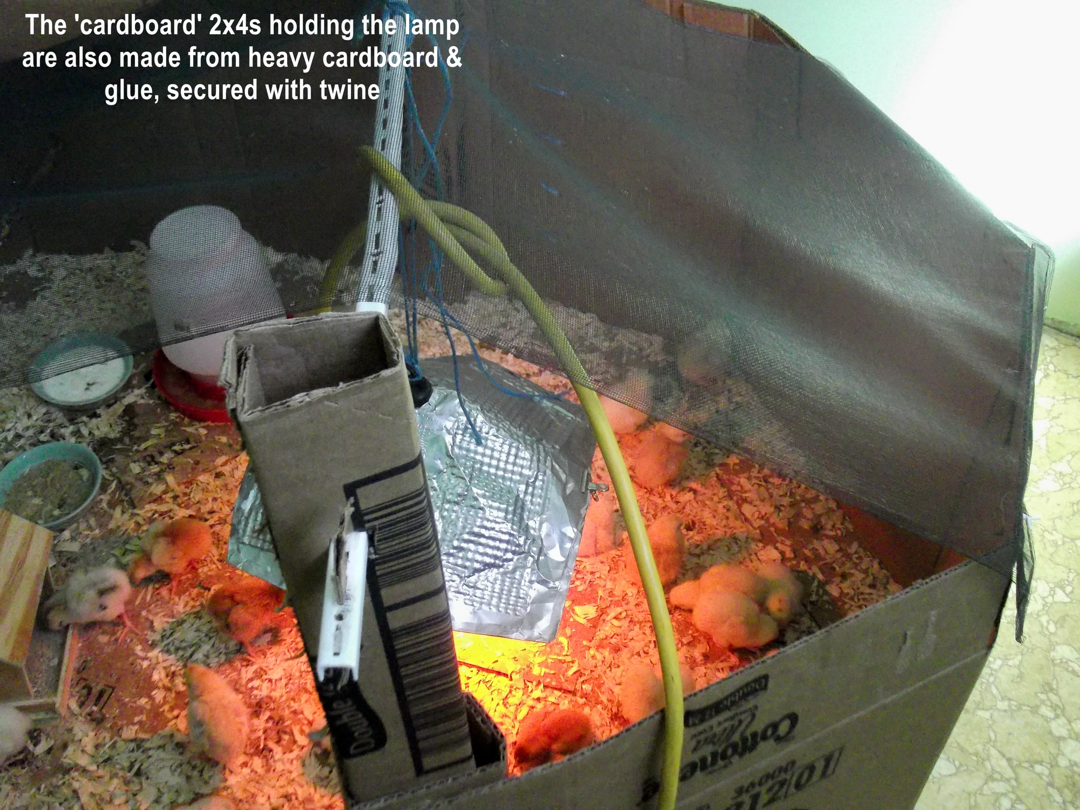 The 'cardboard 2x4s holding the lamp are also made from heavy cardboard and glue, secured with baler twine