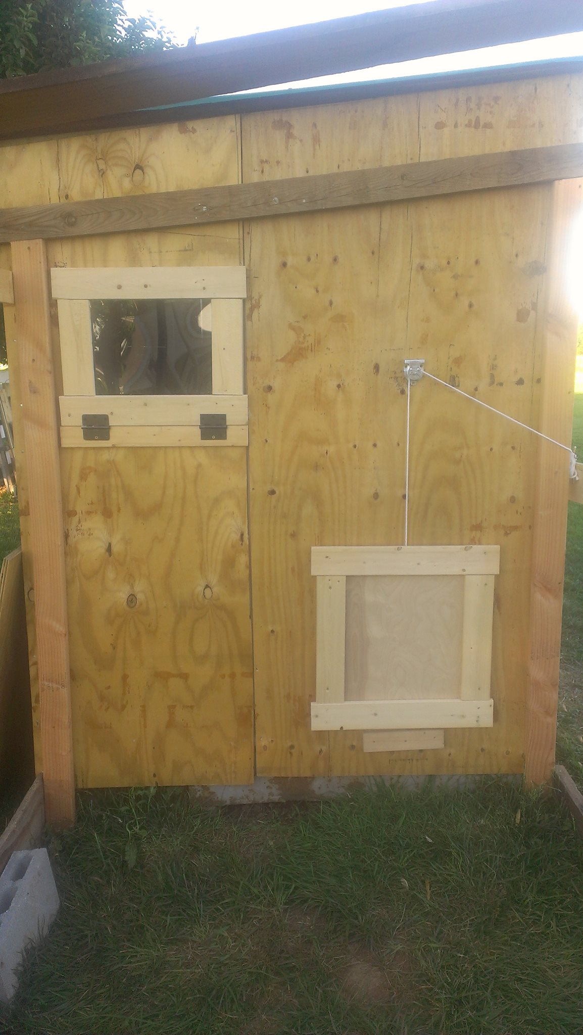 The coop door is in and hooked up to a pulley system. I will eventually be getting an automatic door opener.
