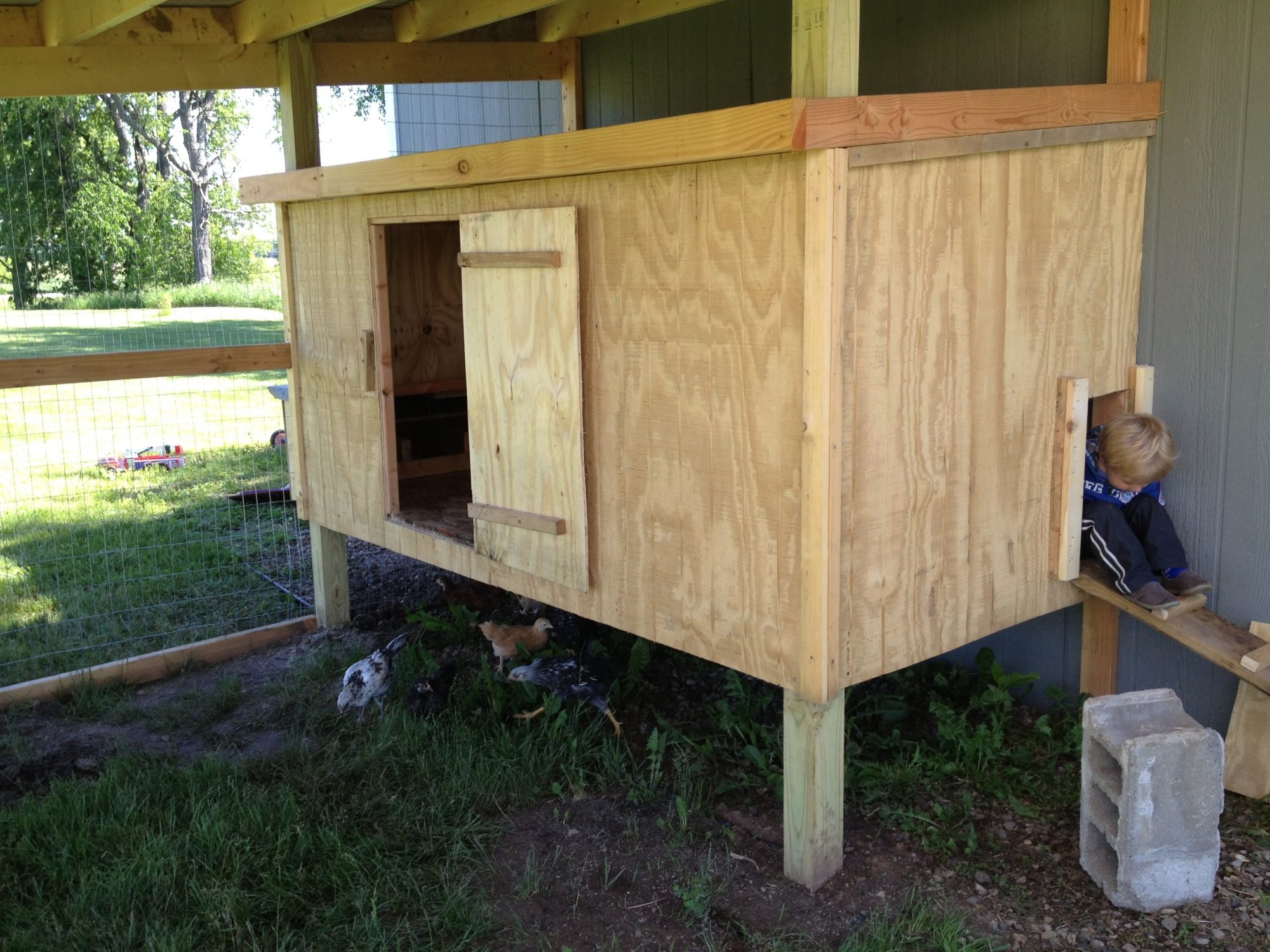 The coop has a ramp for the chickens to use.  It also has a larger "human" door that can be opened for cleaning the coop.  The chickens like to have it open all day so they can look out and jump out, too.