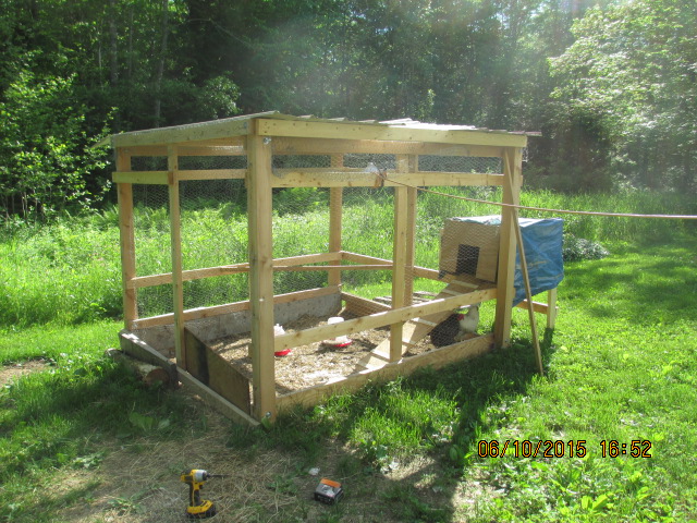The coop I built in June, 2015. 8' square-6' tall. Rough-cut hemlock made of 4" x 4" x 6' cants. The 2" x 4" are rough cut hemlock ans spruce. All bought from a local mill.