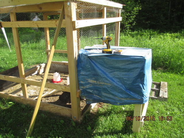 The coop I built in June, 2015. 8' square-6' tall. Rough-cut hemlock made of 4" x 4" x 6' cants. The 2" x 4" are rough cut hemlock ans spruce. All bought from a local mill.