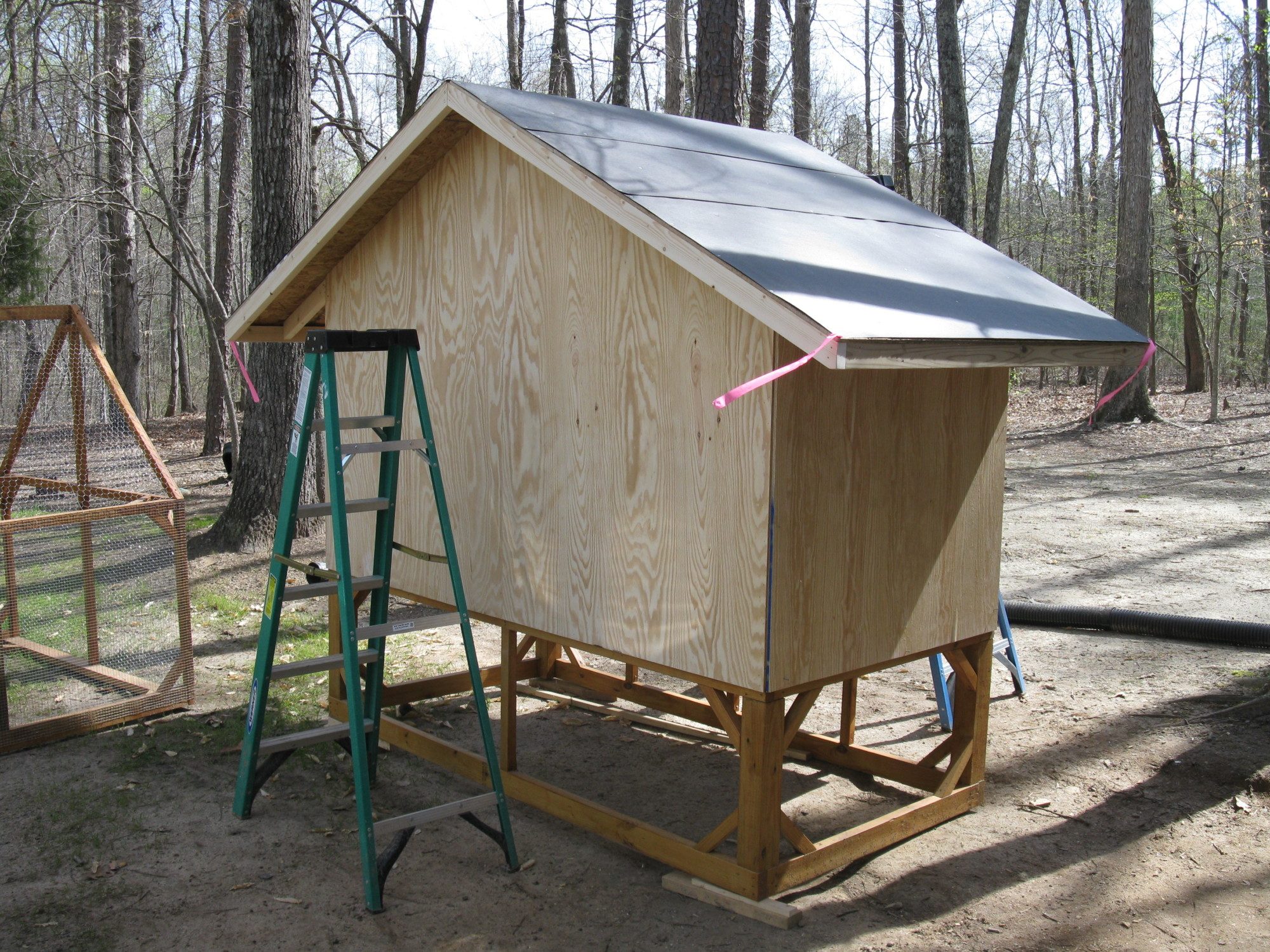 The coop is 4' x 8'.  The end walls are 4' high and the sides are 6' from bottom of floor framing to the peak of the gable.
The coop sits on a 2' high pedestal but I would make the next one 3' high to avoid hitting your head on the sharp roof panels.