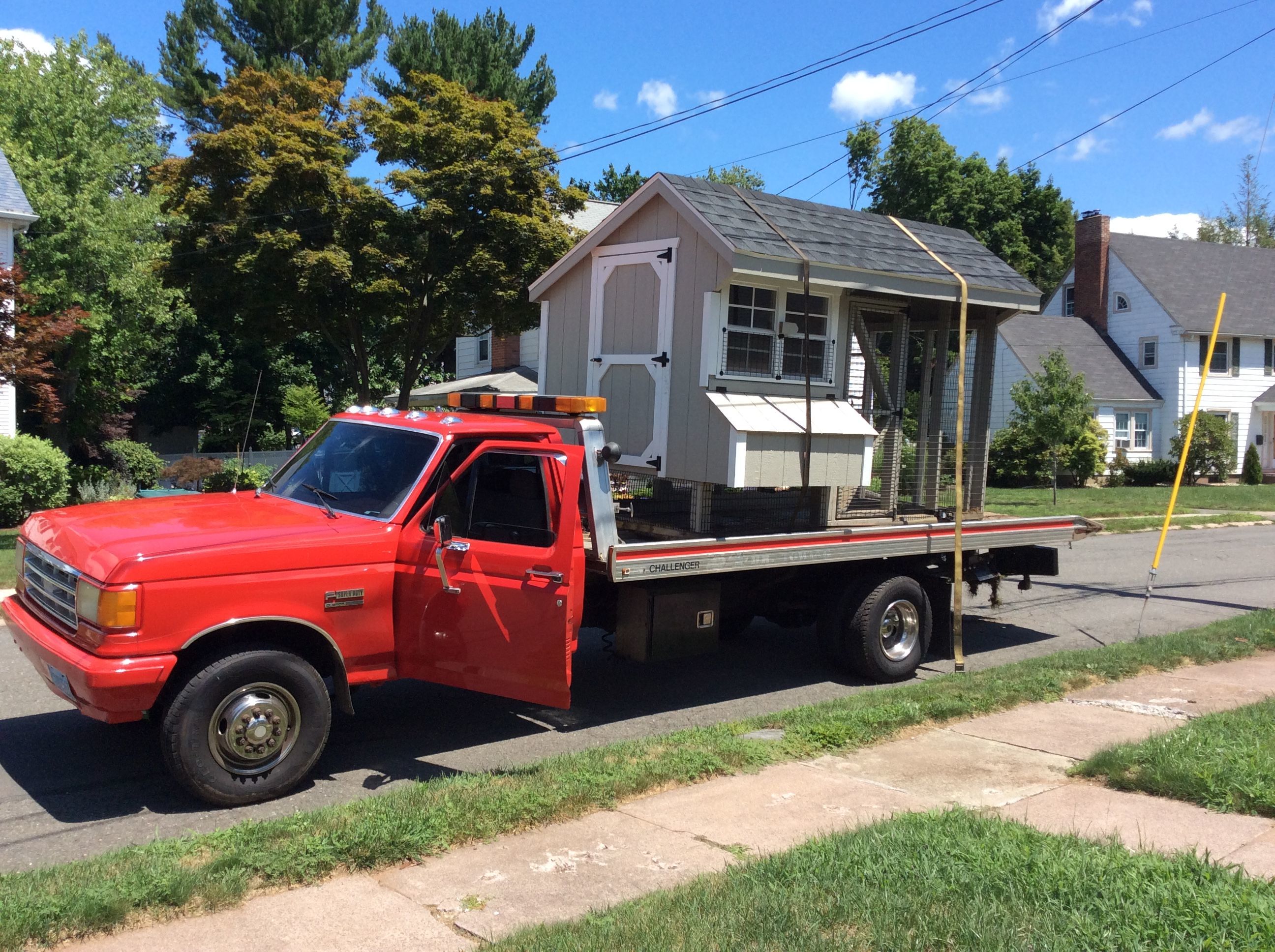 The coop on the flatbed on route to my place