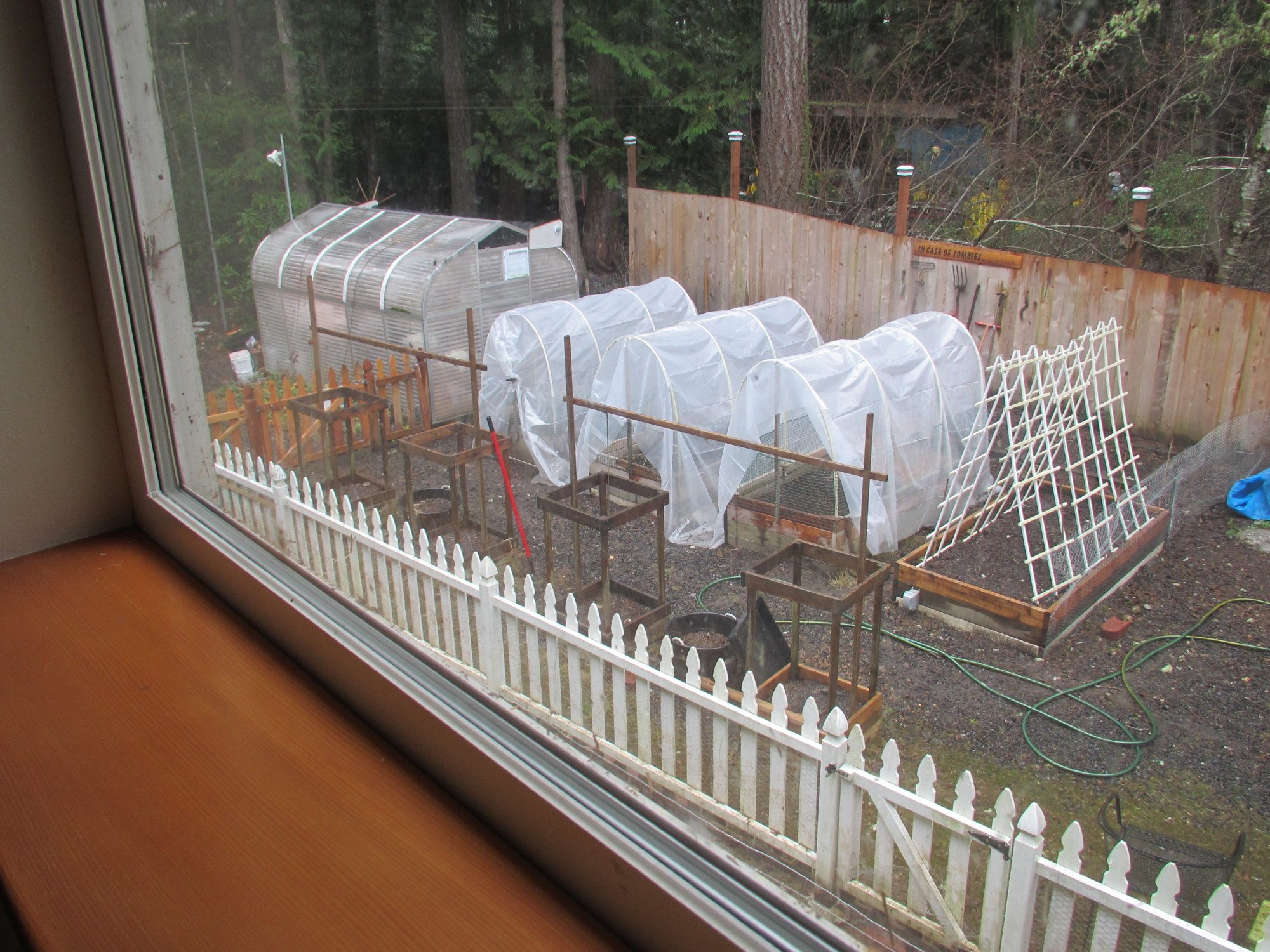 The coop opens into the fenced vegetable garden ... the raised beds have hinged covers.