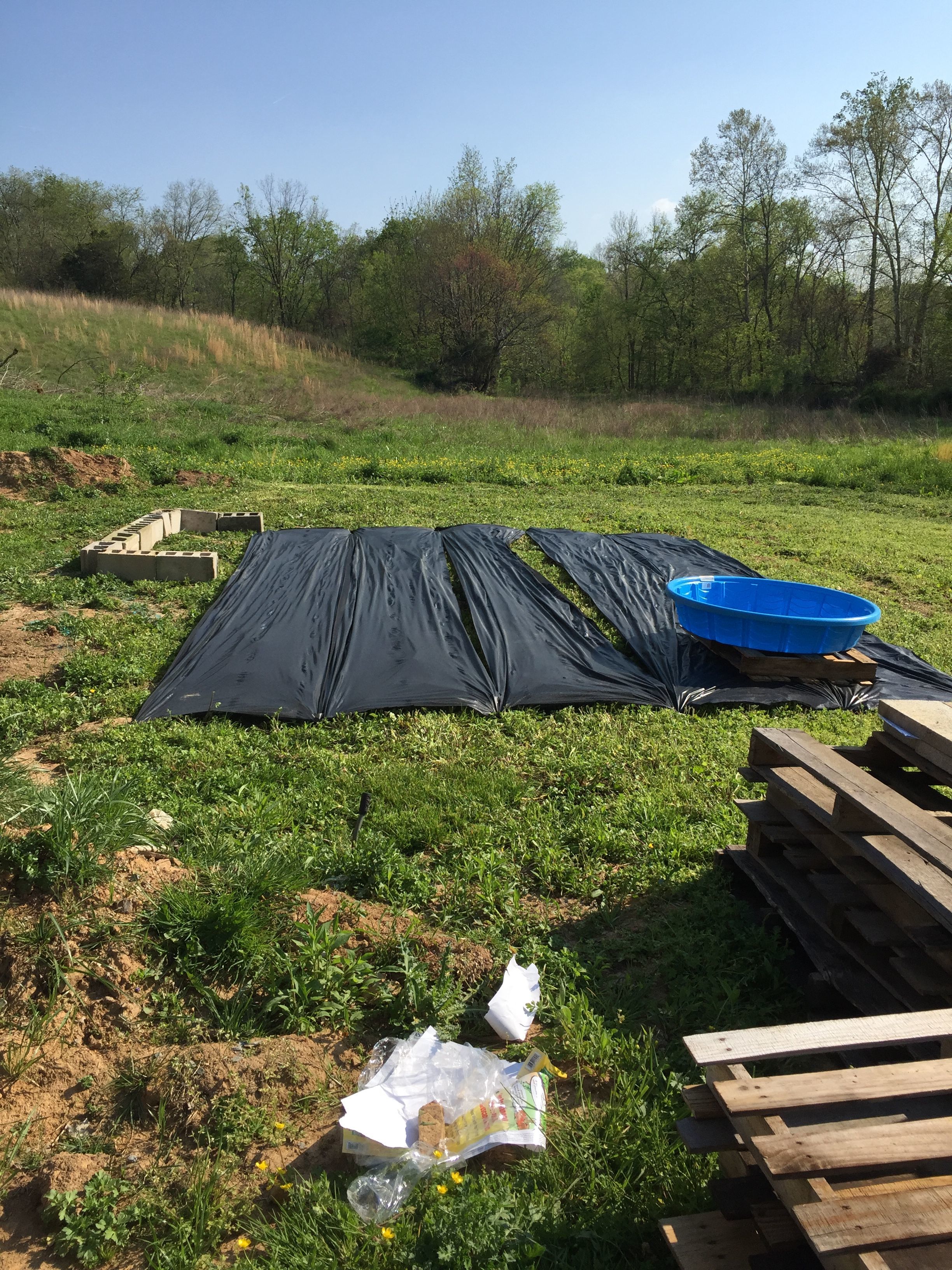 The first step to building our coop and run! I laid the cinder blocks out where I wanted the coop, and Matt and I rolled out garden tarp (purchased on sale at ACE), and set up where their ducky pond was to be.