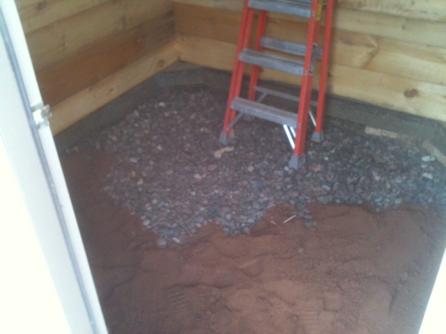The flooring we did.  I hope this works for us.  We tacked up chicken wire covering the bottom so no critters could get under it.  Then we put a layer of gravel down.  Our soil is not that well draining so we thought this might help.  Then my Dad dug me up some nice well draining sand.  Once the sand is in and we get ready to move the chicks we will put pine shavings in and use the deep litter method.  When we clean it we will just clean down to the gravel and add more sand and pine shaving and compost the poo for next years garden.