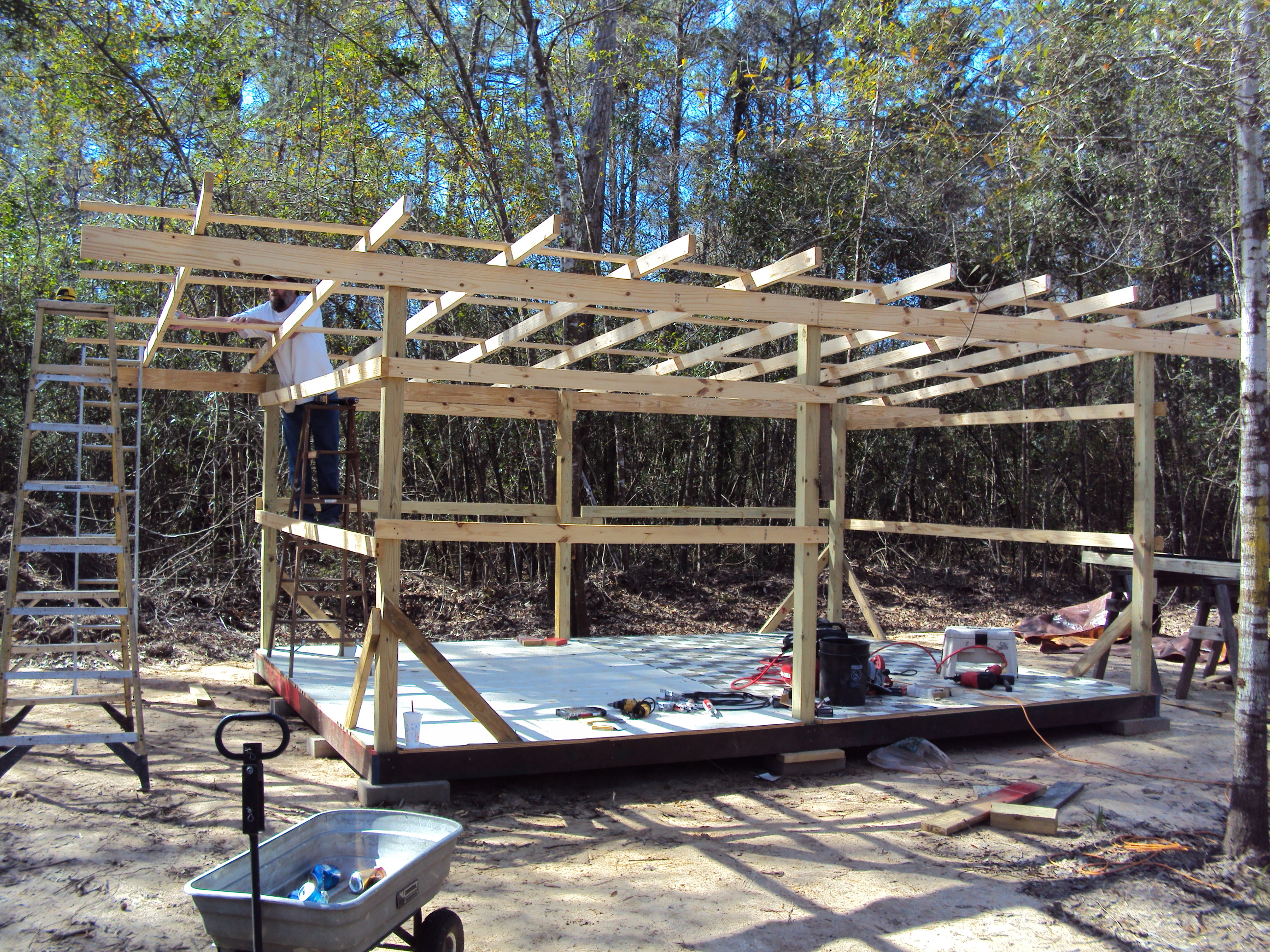 The framework and floor. Dimensions are 12' x 16'.  
Started work March 3, 2013.