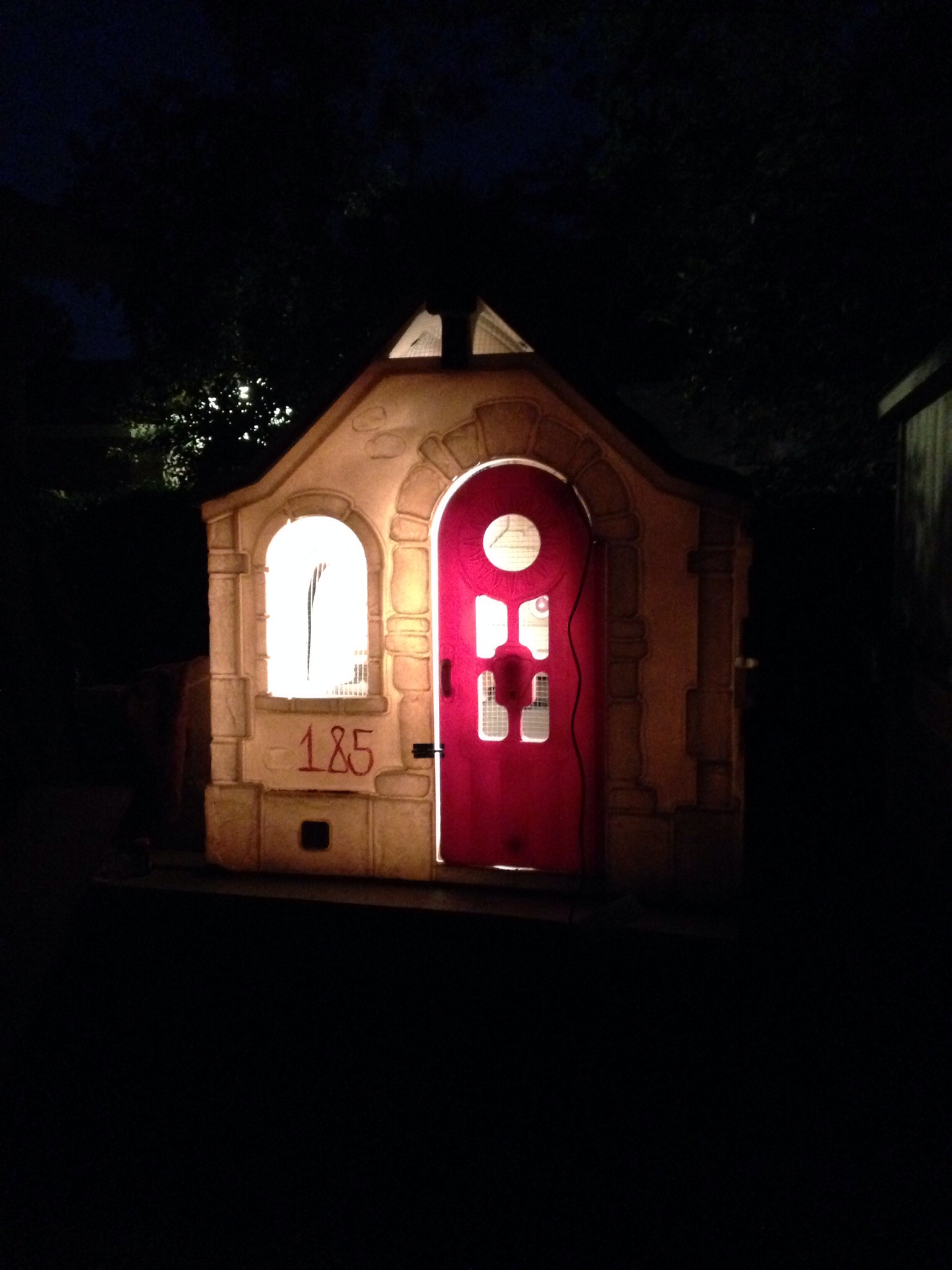 The heat lamp illuminates the coop nicely at night. The "185" I painted on the side is NOT staying. I was tired and clearly lost my aesthetic judgement.