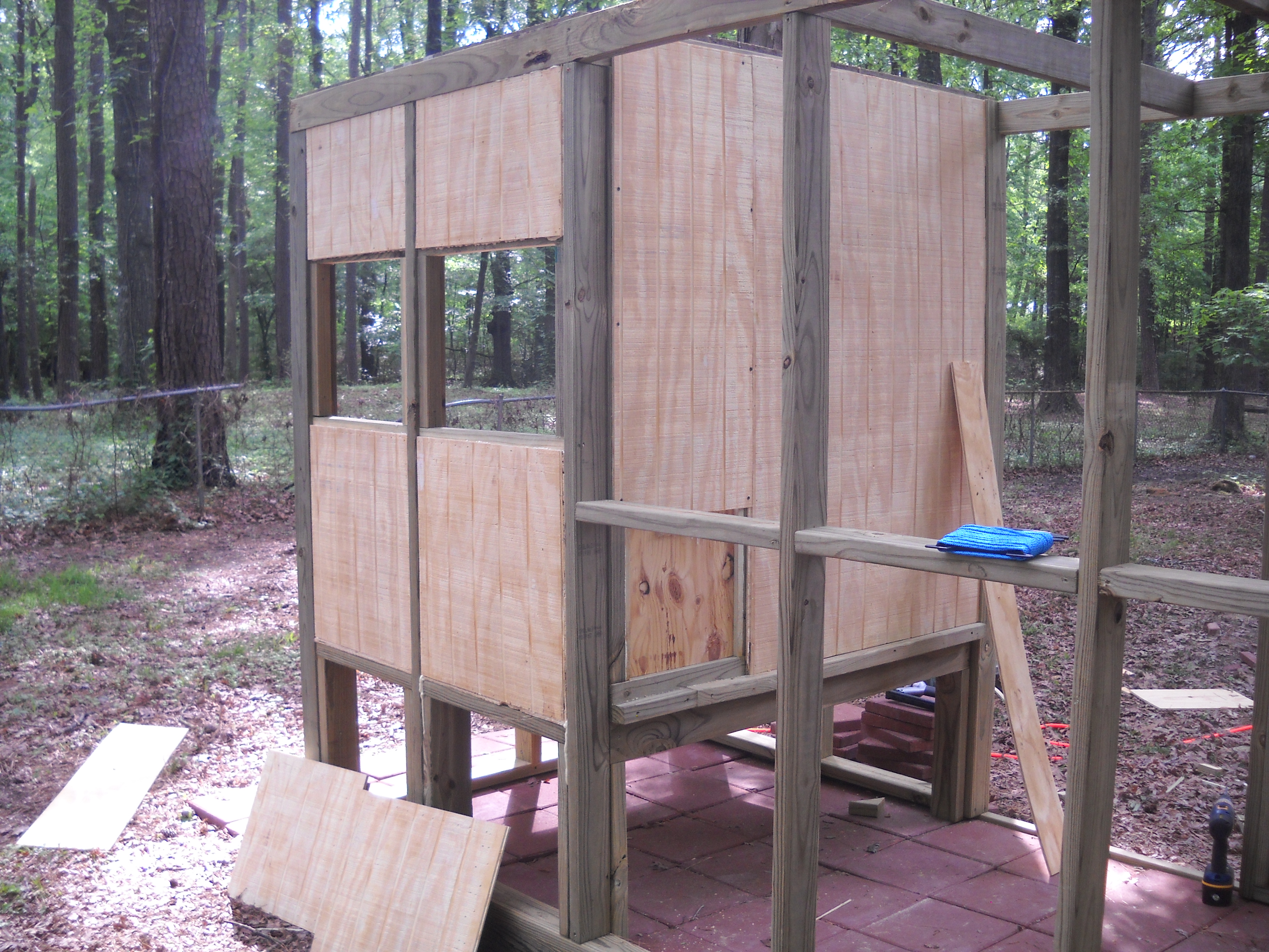 The Hen House itself was bult with 3/8 T1-11 Siding.  if painted ort stained it holds up pretty well