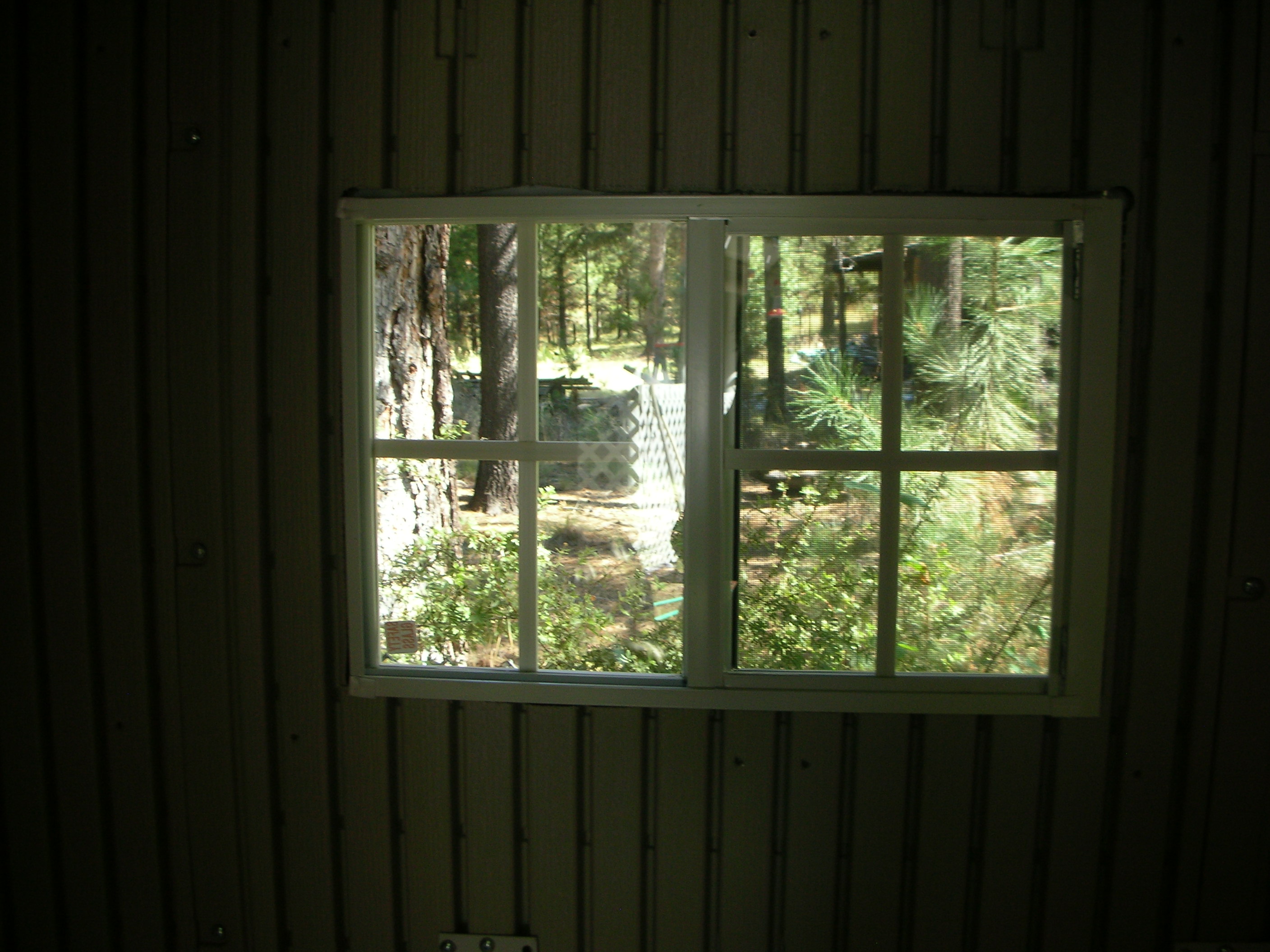 The infamous WINDOW! There's been much discussion on just 'how' I was going to be able to fasten securely to a Rubbermaid-type wall this window. As you can see, it's in, it's working, and it's waterproof. My BIL made the sword-saw cuts for me (no way was I going to try it again after the fiasco of the pophole!) and I laid a thick layer of that waterproof goop that comes in a big tube. Problem was I didn't have the gun to use it, so I improvised. I just kept pushing the bottom thing up the tube and squeezed like crazy on the tube to get the stuff out...what a day! Then I used 1-1/2" pan-head screws rather than the little ones that came with the window, screwed the window in....DONE! I'm telling you, for $24.00 (free shipping) you can't beat them. If anyone wants more info on where I got mine give me a holler.