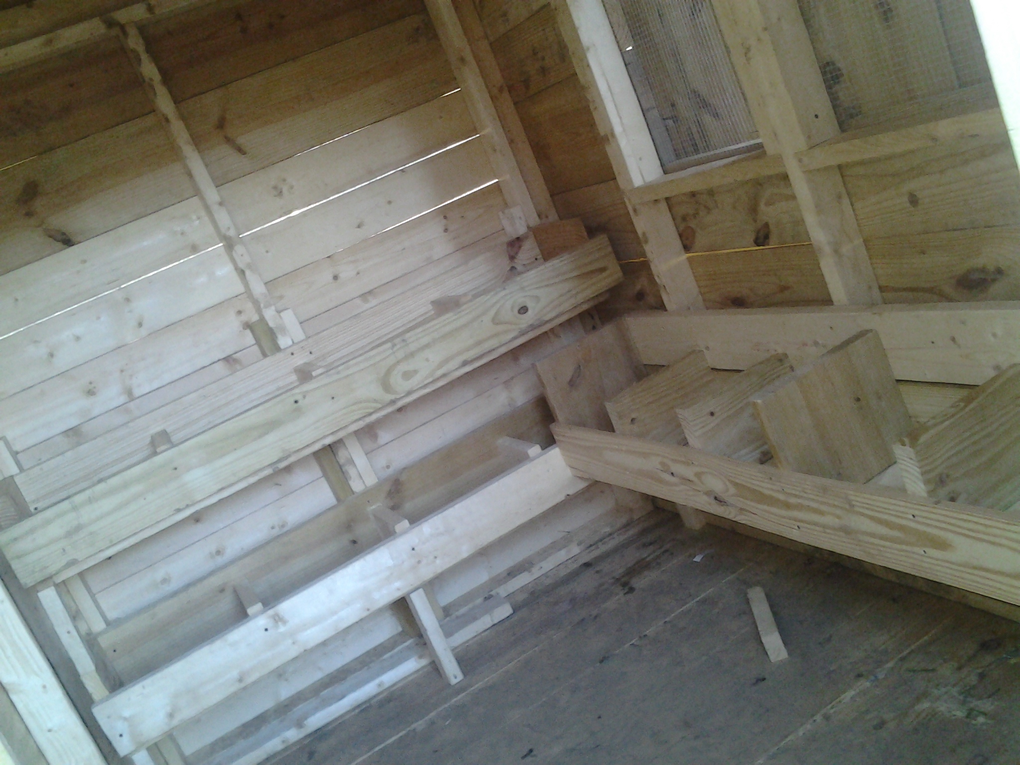 the inside of the spring hen house. Our winter one is very similar but with one inch boards all inside to close it up more for harsh winter nights! <3 stays around 37-45 inside with all the wood chips, straw, hay and chickens of course!