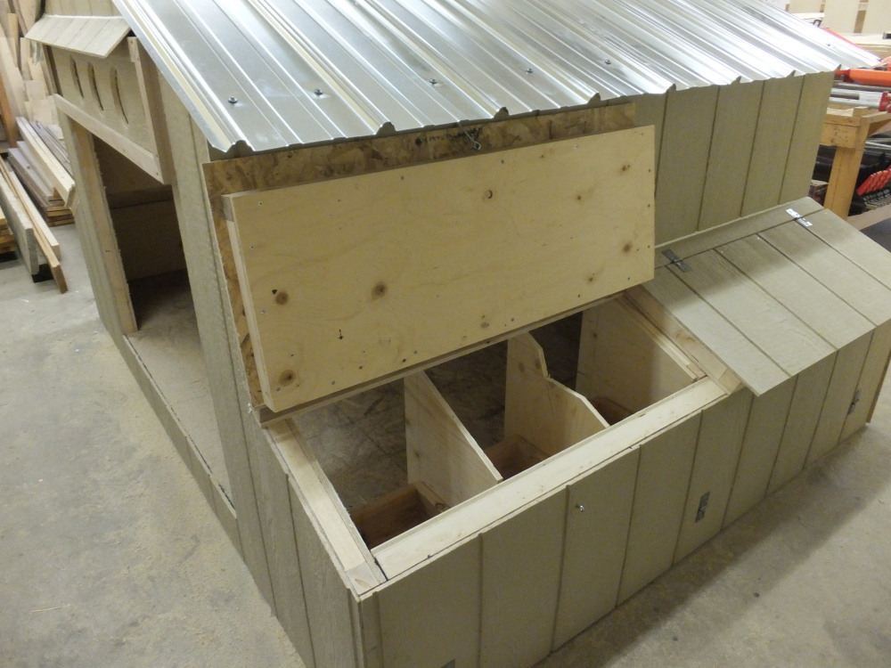 The nesting box area of the new coop (spring 2013) note how top opens in sections and the side below is also on hinges to allow full opening of both sides (plus a 4' section of the rear is a door -seen on left side of pic) for easy cleaning of the coop.  The floor level was set a few inches higher than the side of a wheel barrow to allow the mess to just be raked out ready for composting.