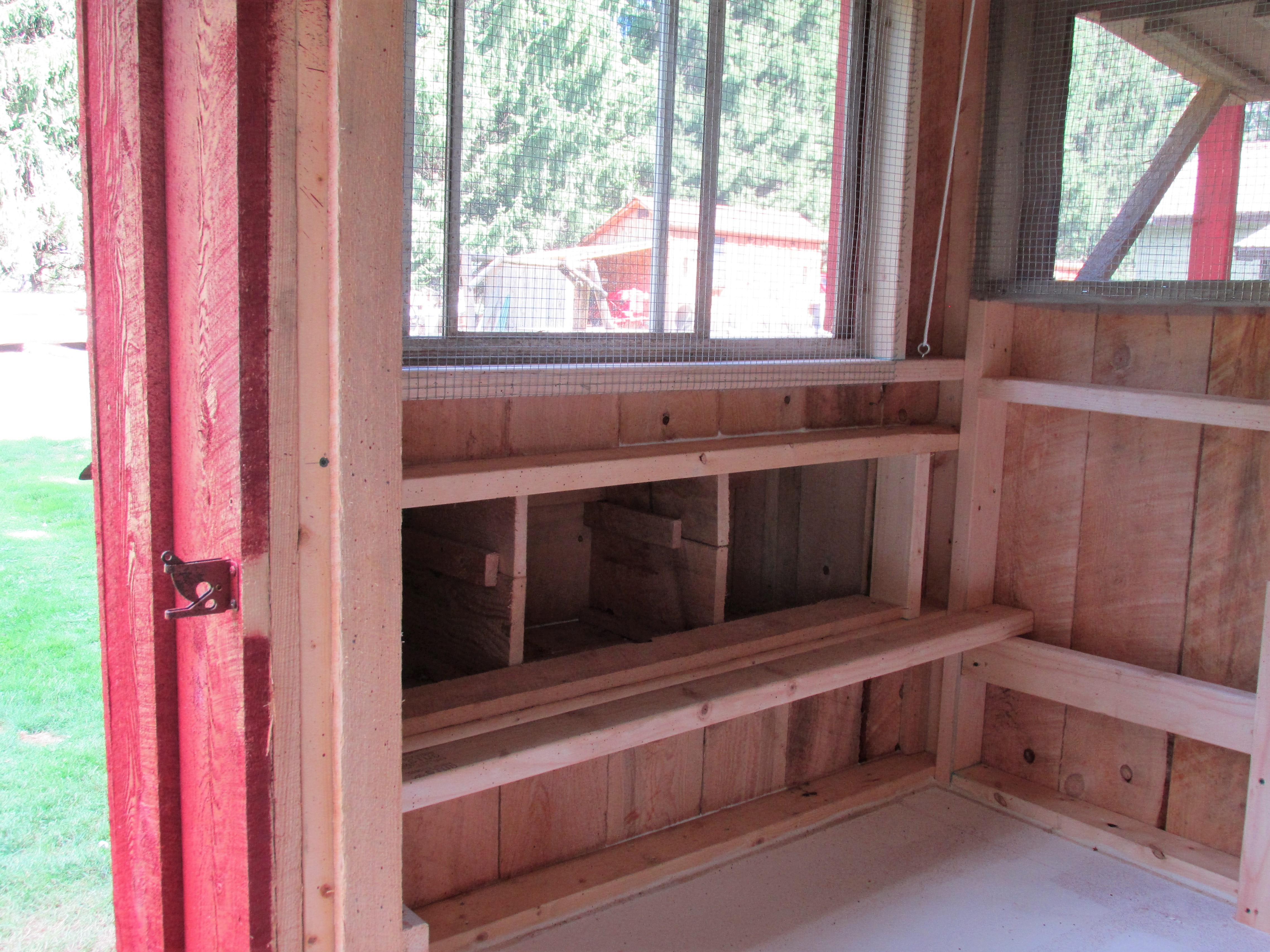 the nesting box from inside the coop, 12" off the floor each nest is about 13" wide and 13" deep
