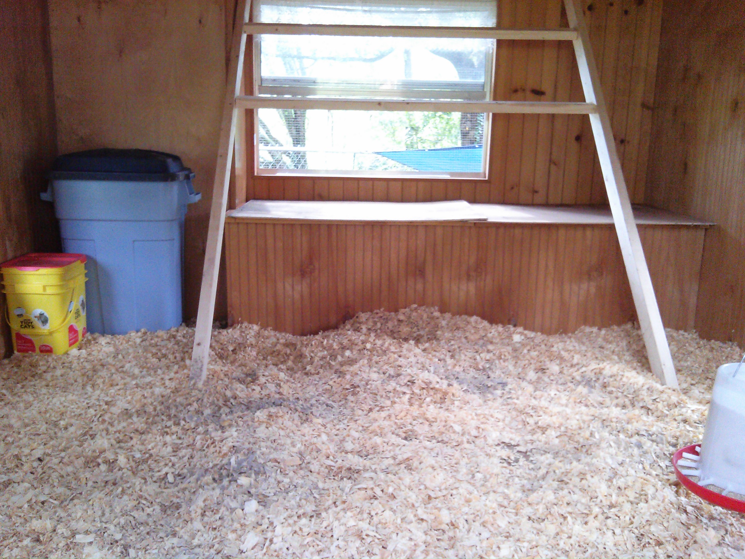 The roost installed ... it was positioned so that the storage doors can be opened. The roost is on hinges so it can be raised up while cleaning out the coop. The poop boards were put in place under the roost.