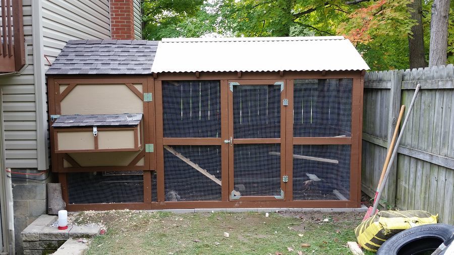 the run is 9x6' and fit nicely on the side of the house. just walk out the door lift the roof of the nest box, grab the eggs, and go back inside. that whole side with the nesting boxes is hinged so I can open it up and just pull all the wood shavings out with a how into a wheel barrow when its time to clean