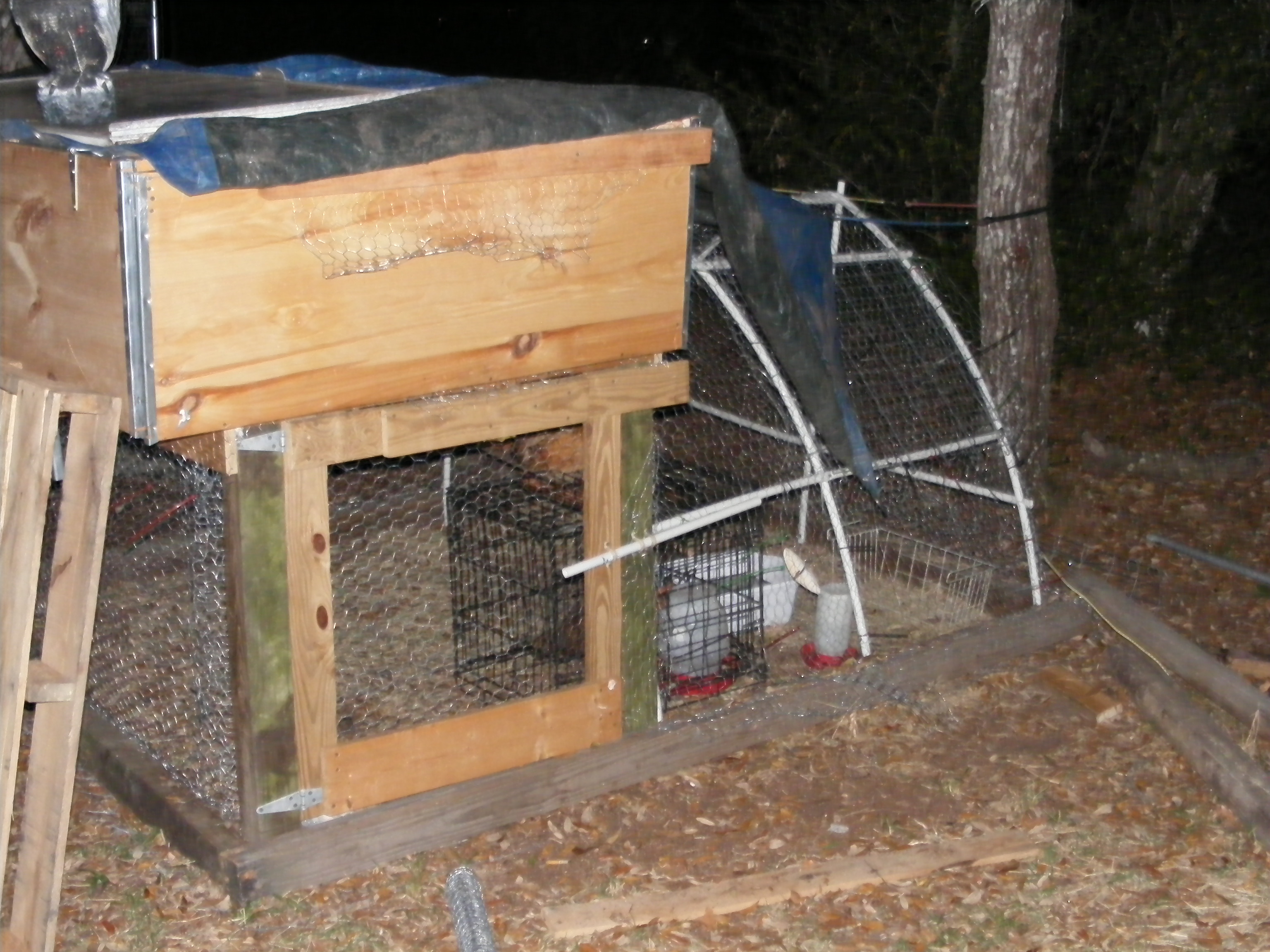The Second Coop I built out of old store shelving we bought at the flea market for $2 a piece old 4X4s make up the yard under the dirt is old farm fence to keep out predators old pvc used to hold the chicken wire up for the yard, the chickens have the ability to go beneath the coop for more yard area, We enclose all our coops due to the owls and hawks in our area has well we are an abused dog rescue and this protects the chickens from the dogs on property