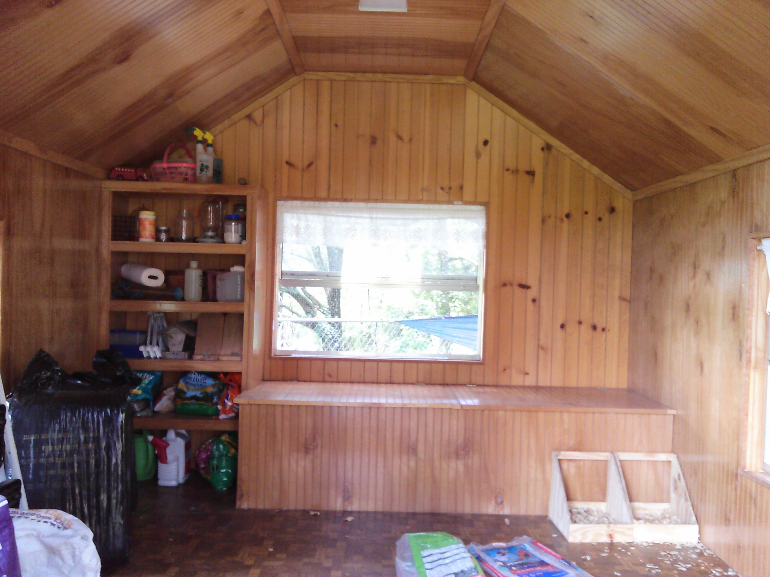 The shelves will be covered up so the chickens won't try to nest on them.