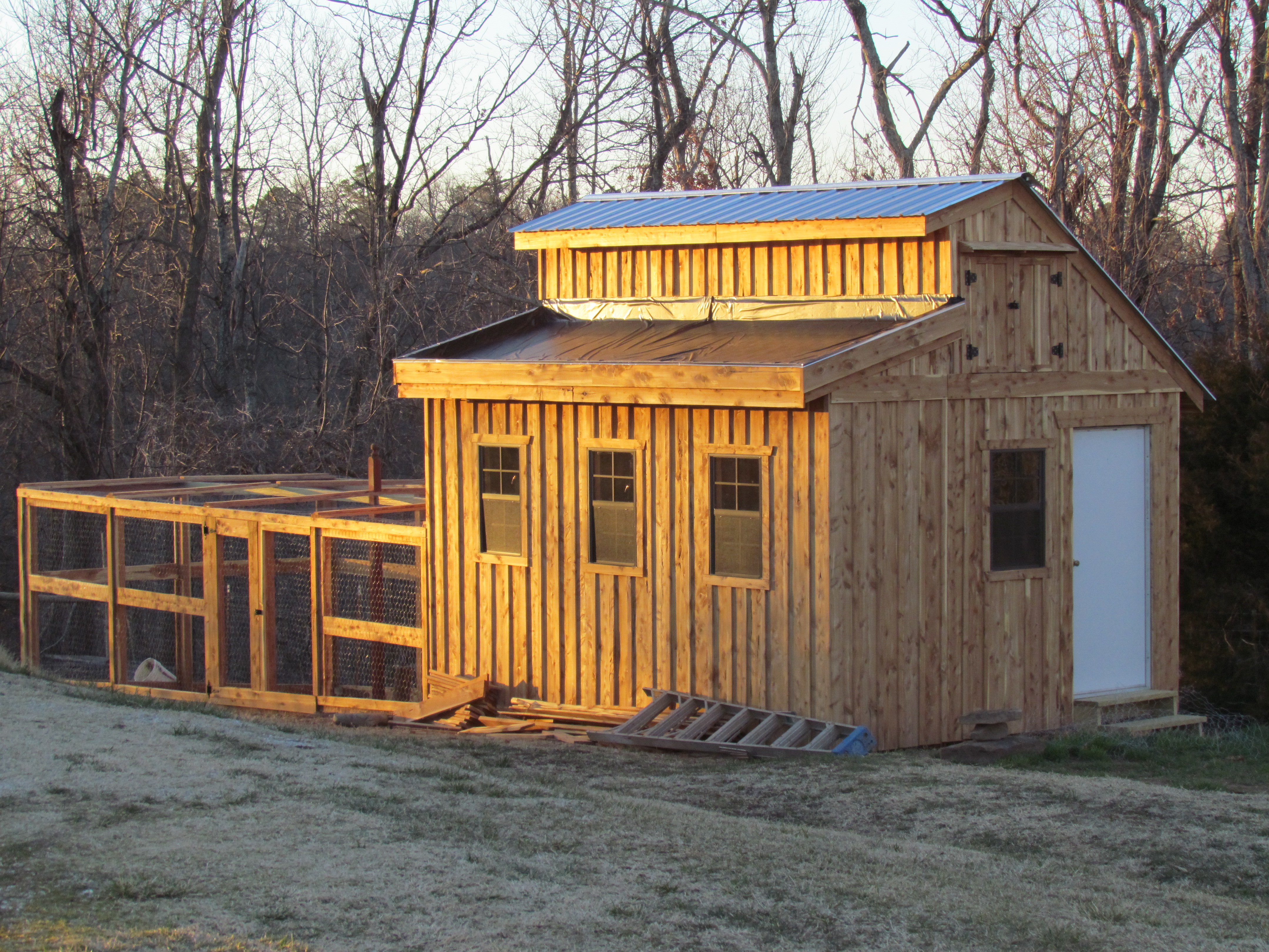 The side with the 3 windows is the chicken coop side.  The roof over the chicken coop will be a living roof I will complete in a few weeks.  The overall size of the building is 12 x16 and the run is the same size.  We used cedar on the outside because that was most available for us.  Getting ready to install the automatic chicken door and finish the inside so I can get those chickens in!