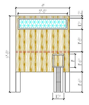 The south face of the coop. The dashed line indicates where the run attaches to the face.