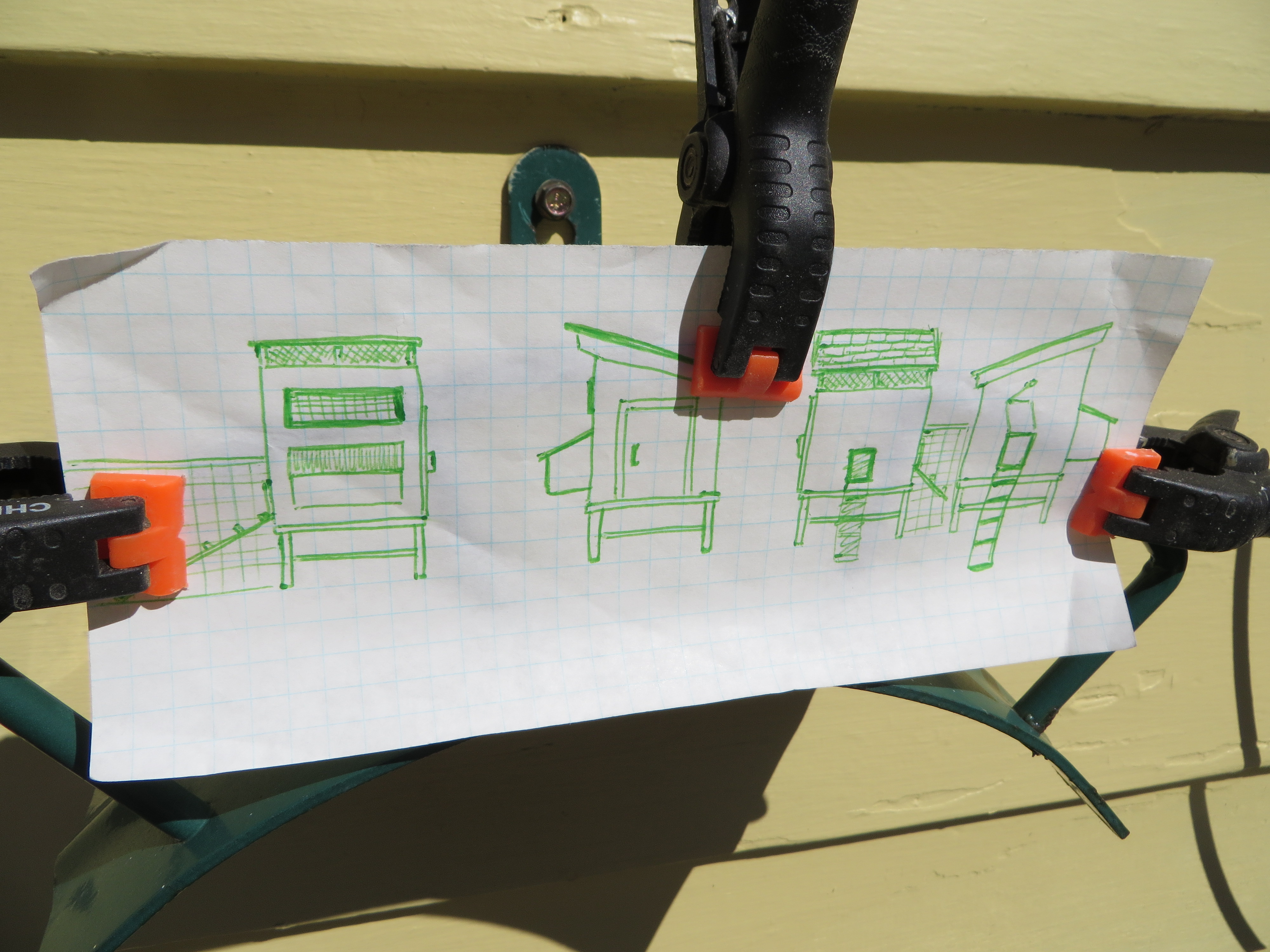 These are the only "plans" I drew for the coop. Designed to be cut easily from 4x8 sheets of plywood. The angled sides slope from 4-1/2' tall to 3-1/2'.