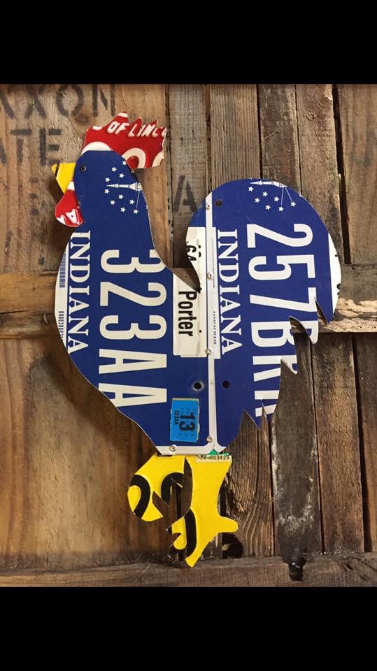 This chicken is made by me using original expired license plates they create a very unique addition to any wall, garden, or chicken coop. They measures 17" by 10". Chicken has  a picture hanger on the back for easy installation. What state would you like? $35.00 plus shipping.