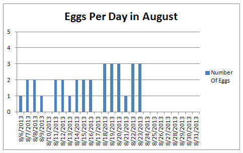 This graph shows how many eggs we have gotten each day since Nugget laid the first egg on 08/06/13. It's kind of funny because the 10th and 17th were 0 (zero) egg days. Both of them a Saturday. I'm curious as to if we will get any eggs tomorrow. lol