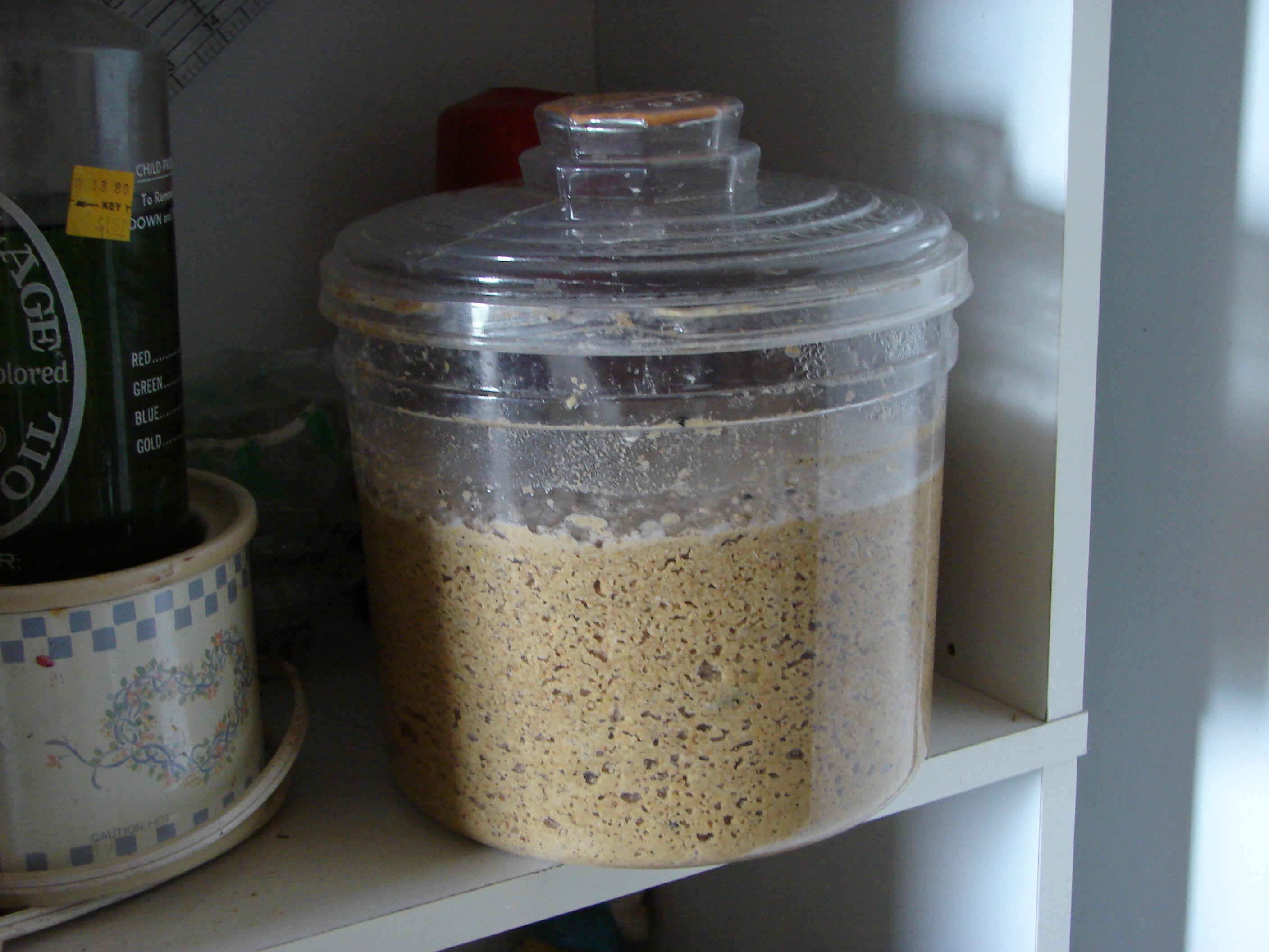 This is 2 to 3 days worth depending on how much they eat while free ranging.  Its fermented starter/grower crumbles.  I replace what i feed out every evening.  Instead of letting the container go nearly empty.  It is in the house because its a lot cooler only 90. That way the feed isn't over fermenting the way it would outside.