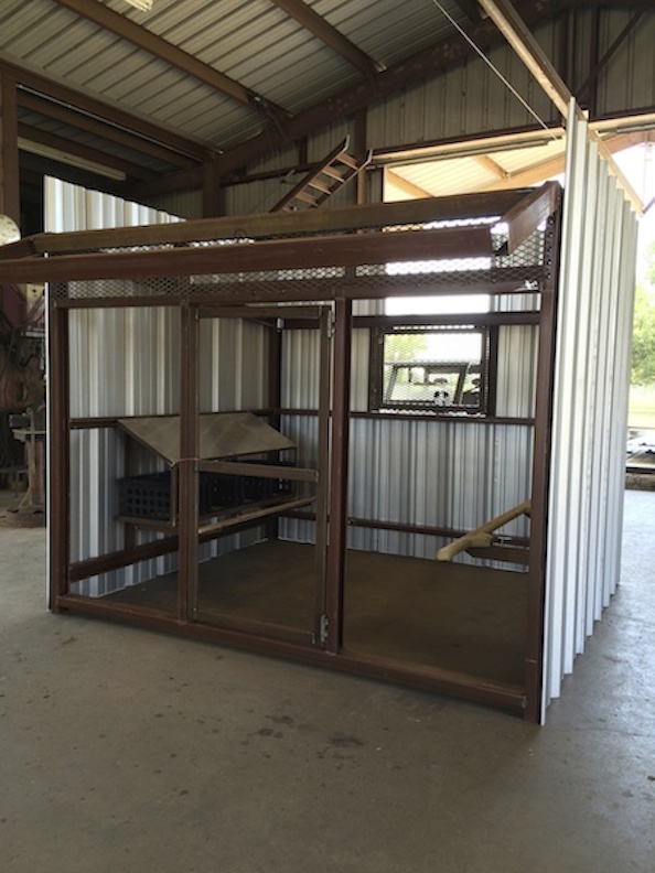 This is about midway through the build. For the nest boxes we bought 4 very inexpensive plastic crates at Walmart and cut the fronts out. So they would hold the bedding we cut thin plywood to fit in the bottom. Works perfect.