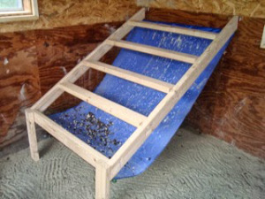 This is an example of a hen roost. Here a simple drop cloth is used rather than a removable ‘poop’ board. The dimensions are 18 inches apart and 18 inches high above each rung. This spacing allows for birds on the lower roosts to avoid being pooed on overnight.

This one, with no overhang on the ends, also allows for proper angle of each individual roosting bar.  2 screws into each end and voila!