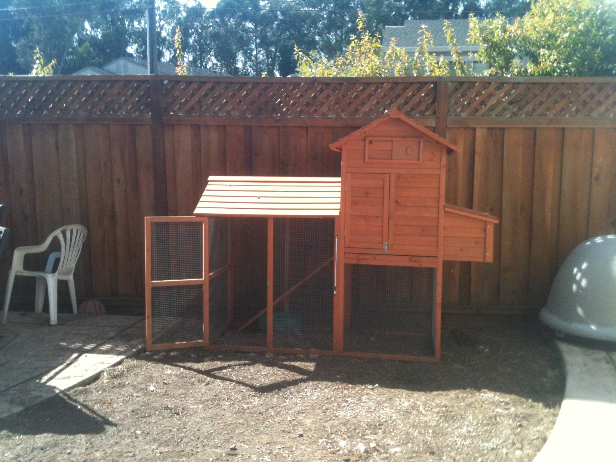 This is my coop. The chickens only stay inside at  night.  I am thinking of fencing off this dirt area for them, as I am a bit tired of having to wash chicken poop off my patio! O;-p