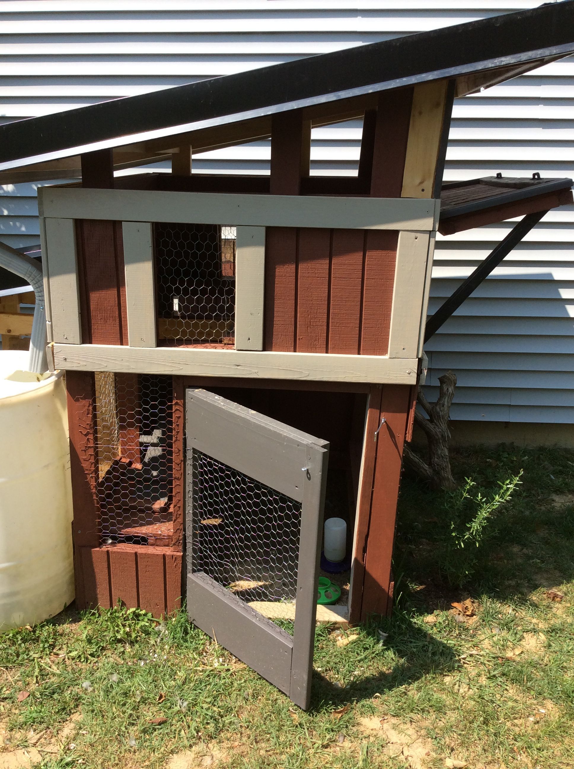 This is obviously the front of the coop. The door was probably one of the more difficult structures to build. That's when I came to fully understand the importance of using a level when building something. At least something with doors. So, the door is a little off, but, nevertheless, it still swings and shuts.

The space where the chickens currently roost is more visible in this photo. They each have their place, and Lovey is always the last one to take her place on the far right side, with her feathery behind sticking out. Or, she'll sleep on the roof. Perhaps that makes it obvious that Lovey rules the roost.