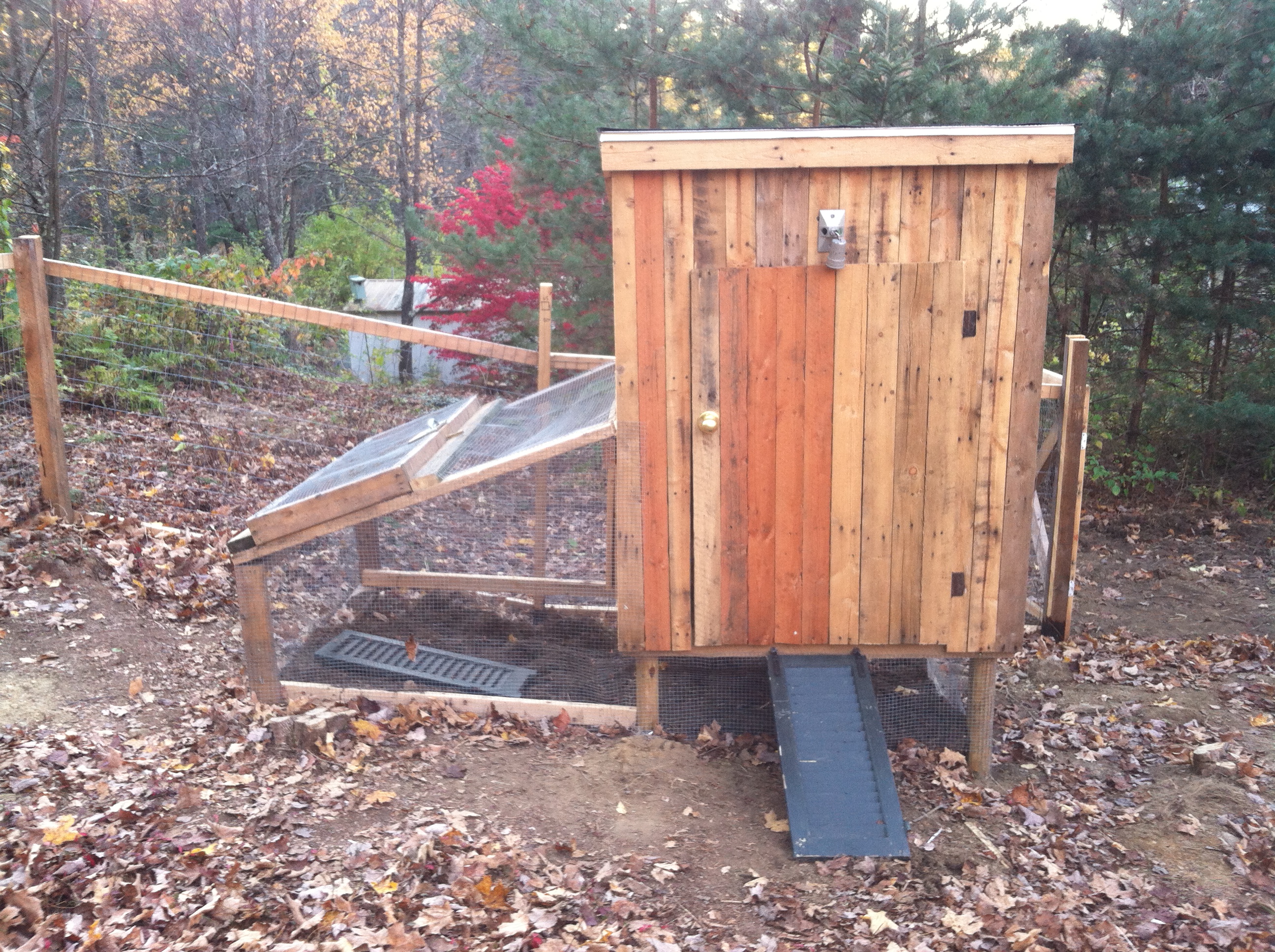 This is the completed coop with the enclosed pen.  They have access to the enclosed part all the time and will be outside in the fenced part during the day.
