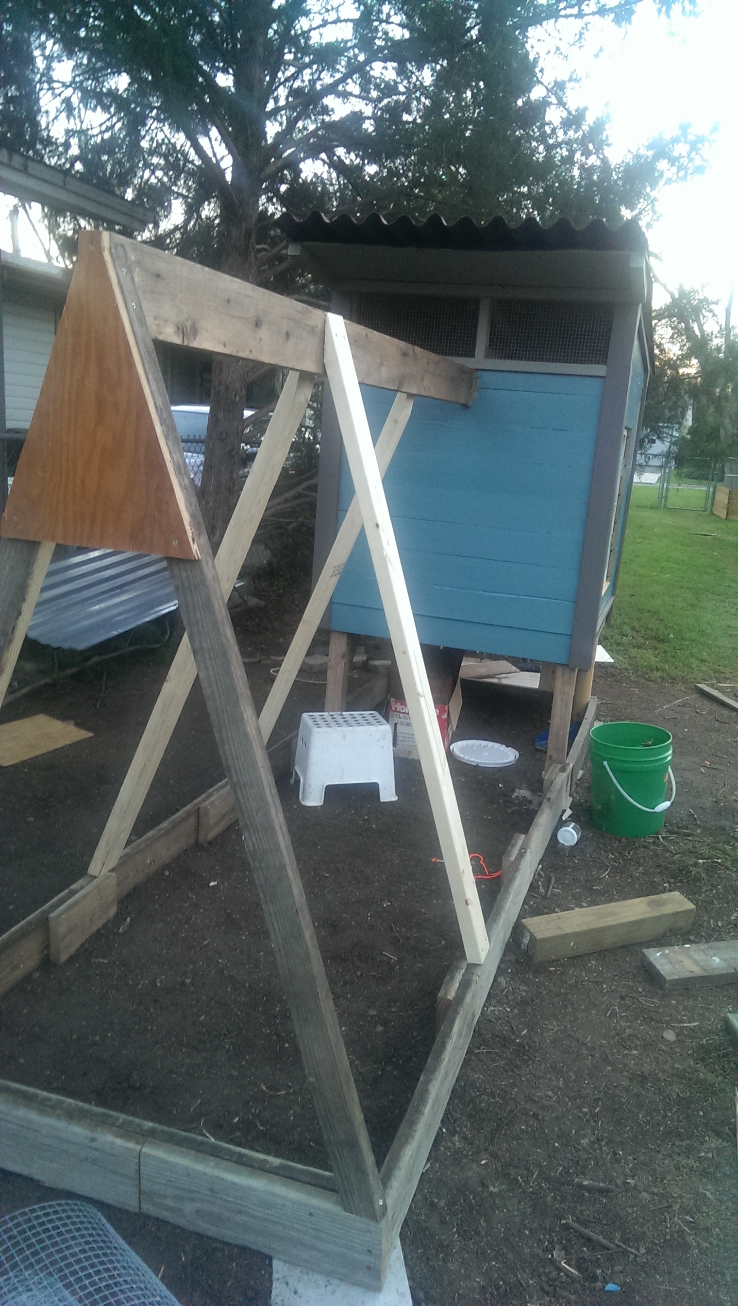 This view shows the A-frame style run that the chickens will have access to from their coop.