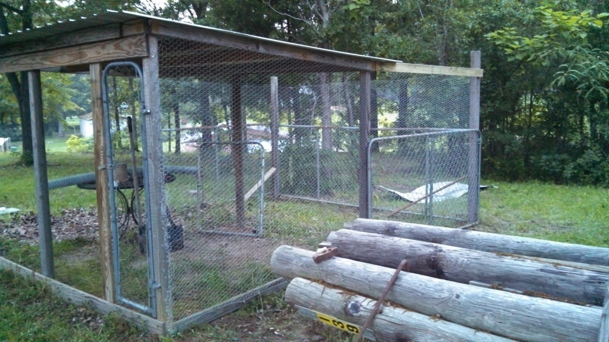 This was just the run before I started the coop. Its a 8x12 covered + a 8x12 open run for a total of a 12x16 run with a unused repurposed dog kennel door.