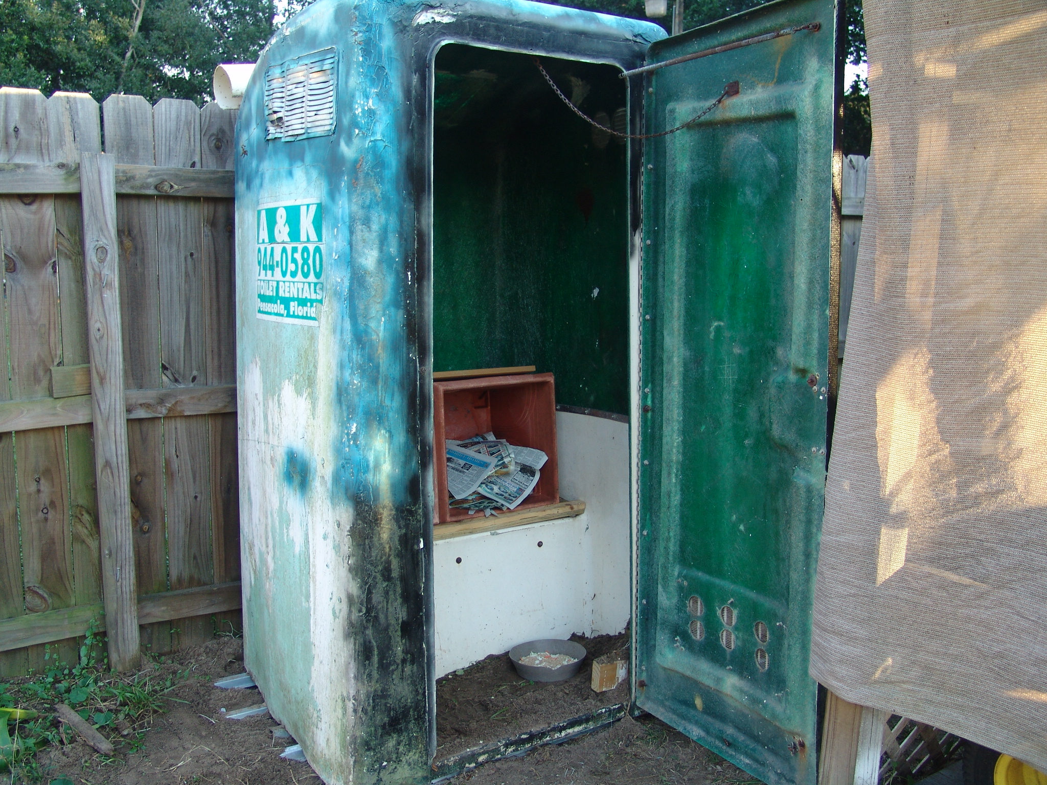 This was my quick fix for a chicken house. It was and Porty potty that I was using for my tools until I received two chickens and needed a place for them.