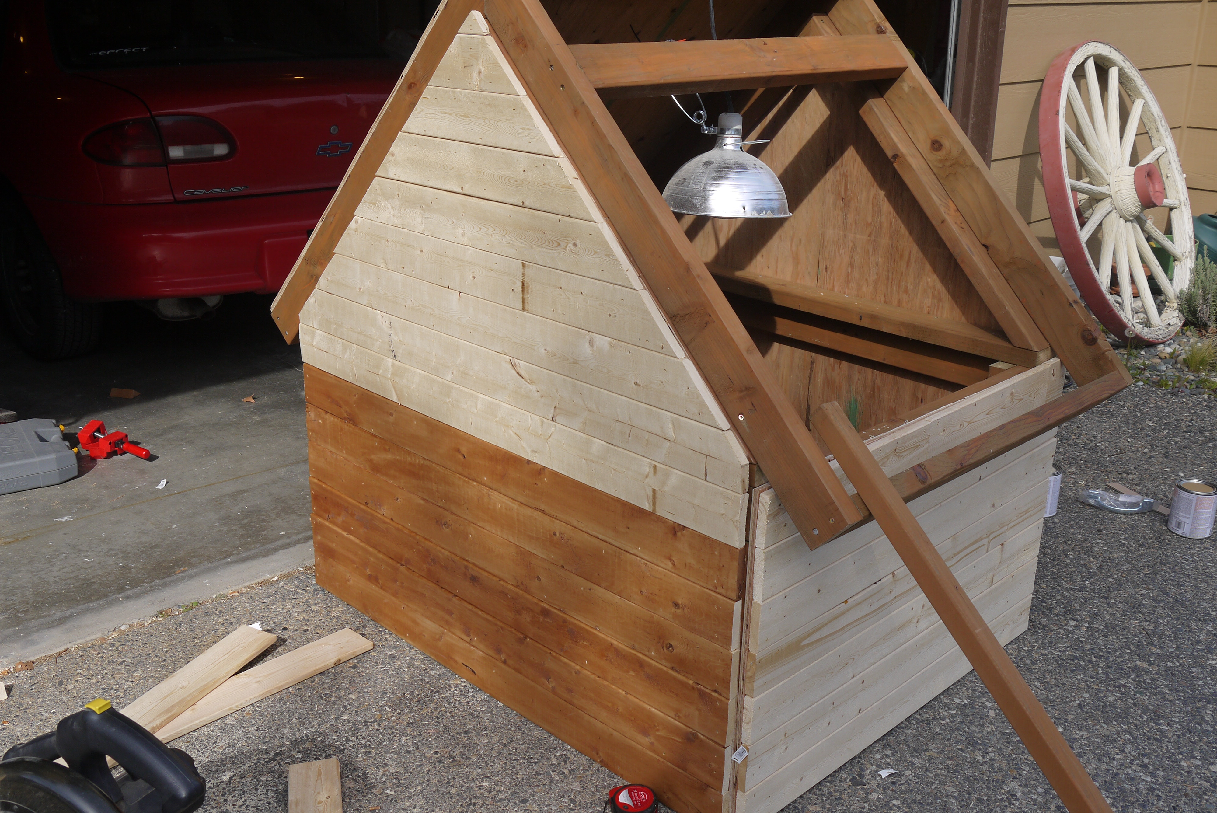 Time for siding.  I used 1x4 firing.  Thought it would be a little bit cheaper and look nicer than buying 4x8 sheets of pine siding.