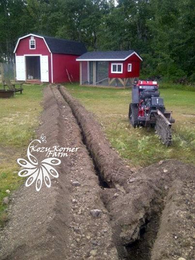Trenching for 100 amp service.  The coop will have 2 GFI outlets inside, a bathroom fan for ventilation & an outside light.