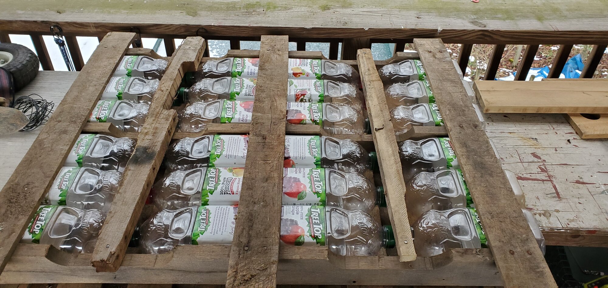 Underside of the float with all 24 juice bottles inserted