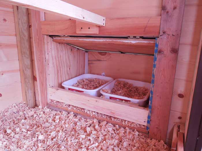 Used 2 dish tubs for the nesting boxes, very easy to pull out and clean, and they have had no problems using them.