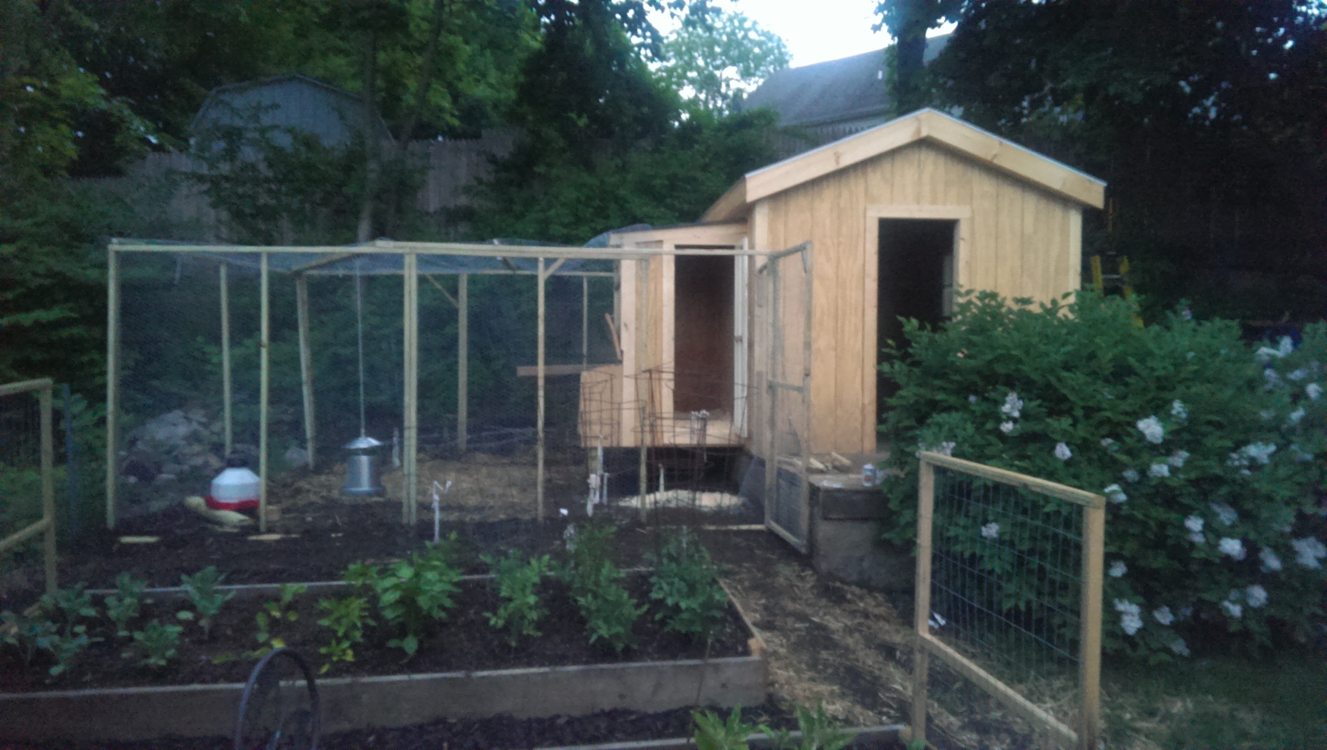 View of my shed, greenhouse, garden, coop and run, almost done.