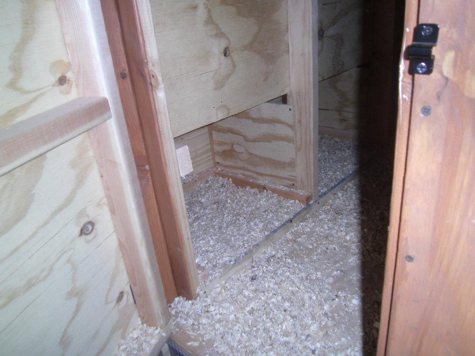 view of nest boxes from outside door to hen house