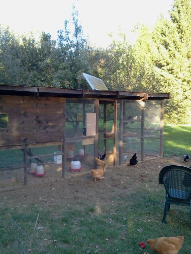 View of the coop with new 100 watt solar panel installed.