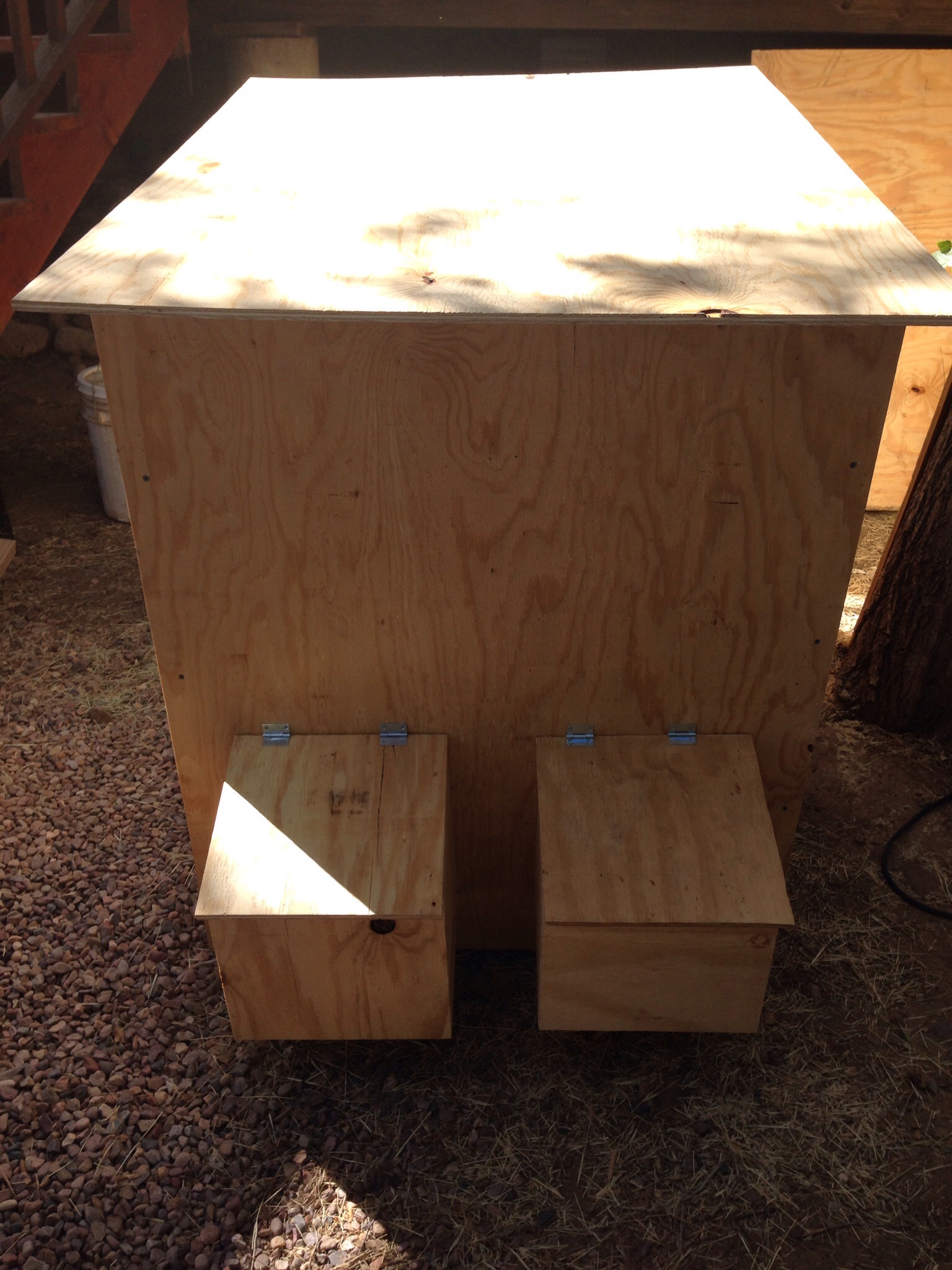 Wanting to utilize at least 600 square feet of space under the back deck, we decided to make coops for our banties with runs. 4'x4'x3' hen house with 2 nest boxes and 60 square foot run each.