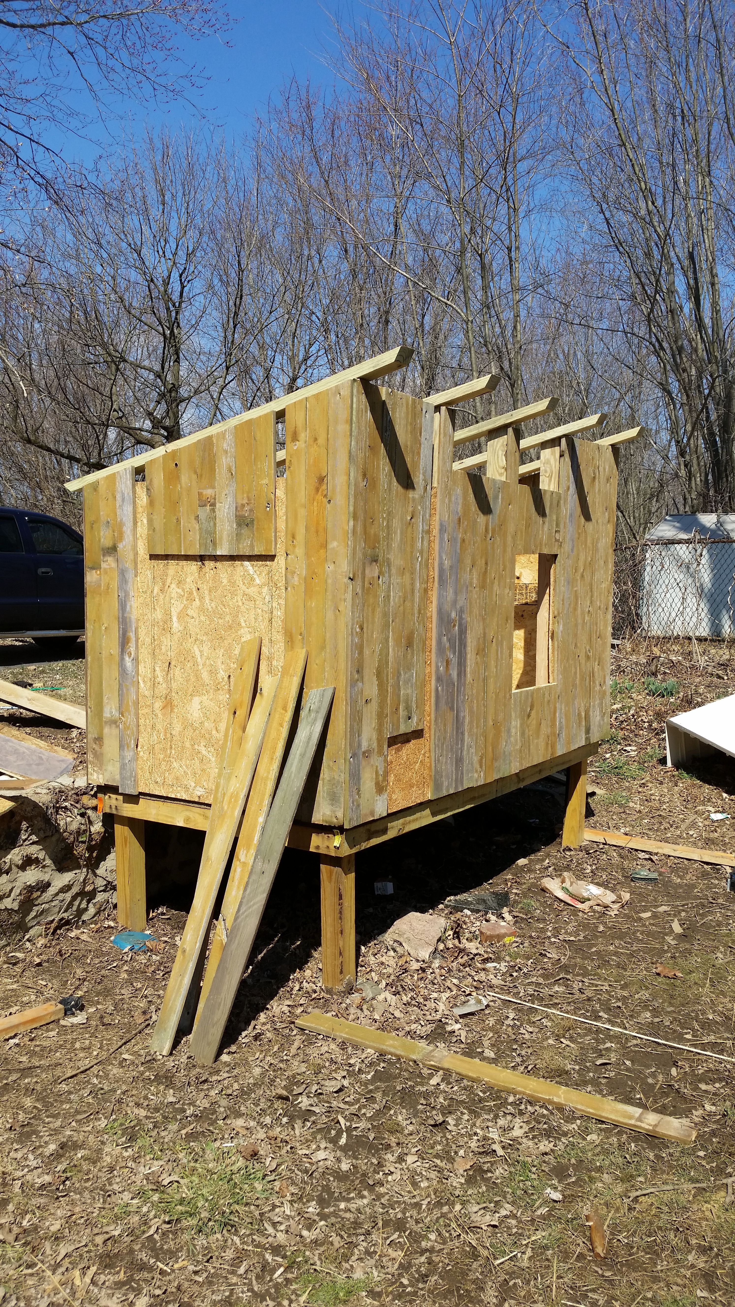 We acquired free used privacy fence panels from a local lumber yard. I decided they would make great siding. What I didn't know was how much work it would be to cut each board down to size and nail up each individual piece to the coop. Now I know why people just spend the money and buy the 8x4ft sheets with the paneling already notched in the wood :) In any case, I love the way it turned out!