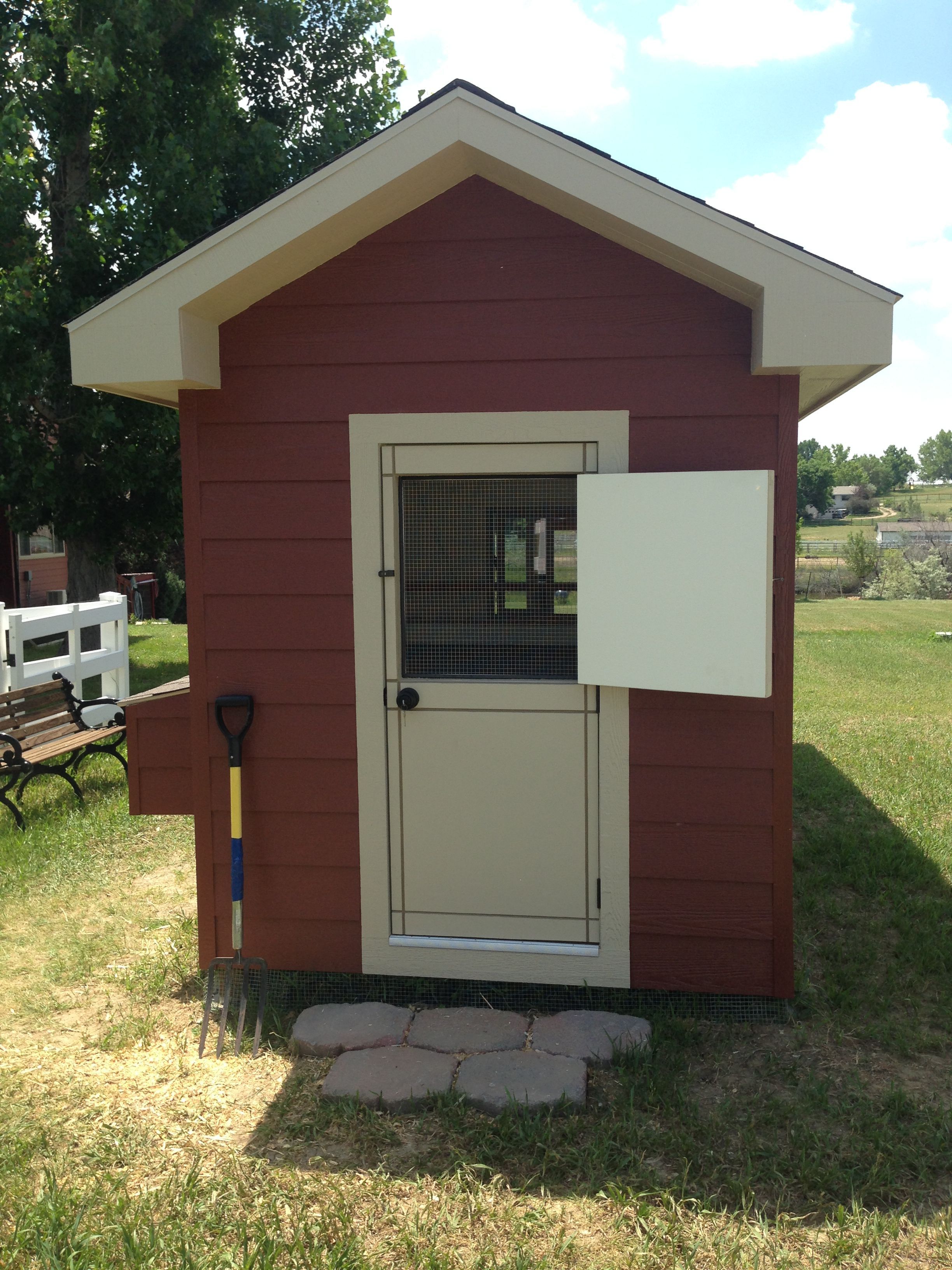 We made a faux dutch door opening on the top half of the door.  This is covered with 1/2" hardware cloth, so we can leave it open for added ventilation.  It works great!