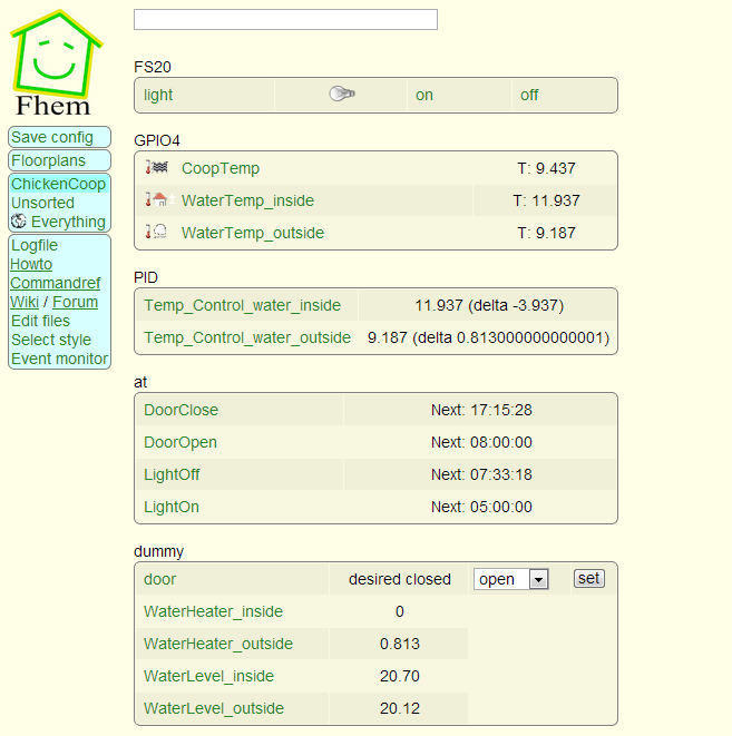 Web page for ChickenPi - the raspberri pi controlled coop.
Door close and light on times are set through perl's sunset  and sunrise functions.  No need for a light sensor.