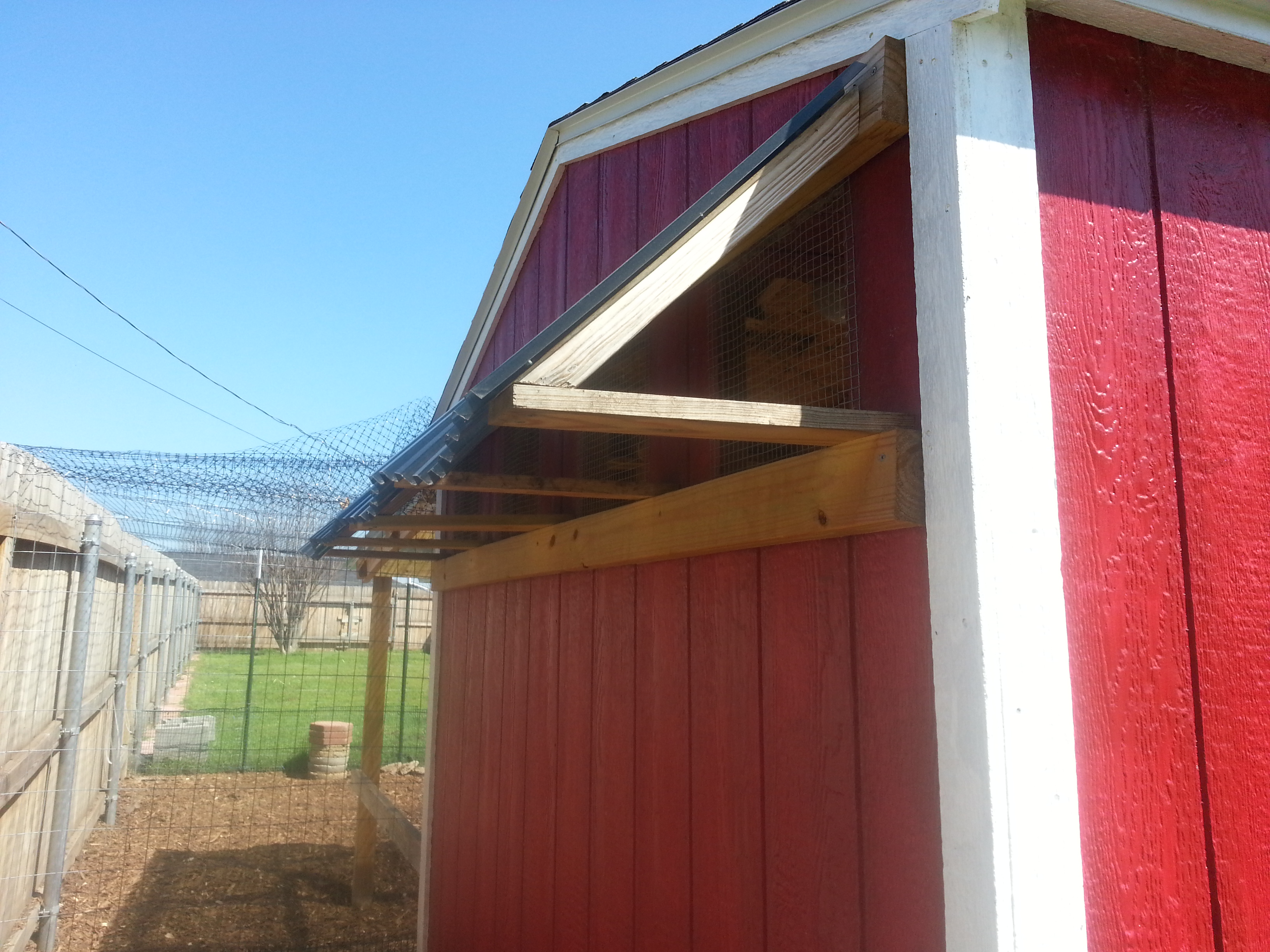 Windows and awning outside at back. My husband is not a carpenter but he really went to work designing and building all these additions to make the chickens safe and comfortable. He didn't want rain blowing in on them and getting the inside wet. And to think he couldn't understand why I wanted to raise a bunch of nasty chickens - now he really is glad we have them.