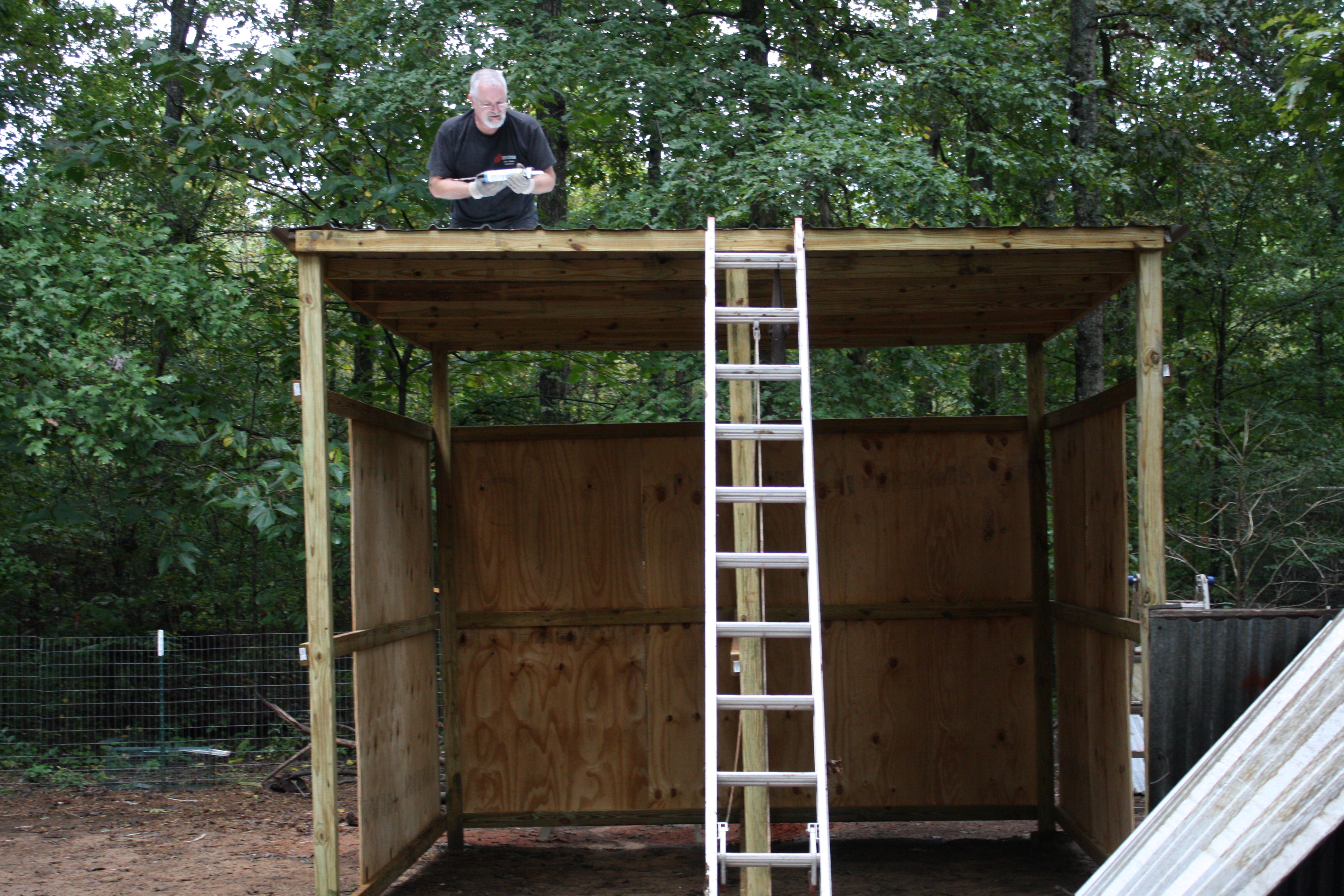 Working on our new turkey/peacock coop between rain storms