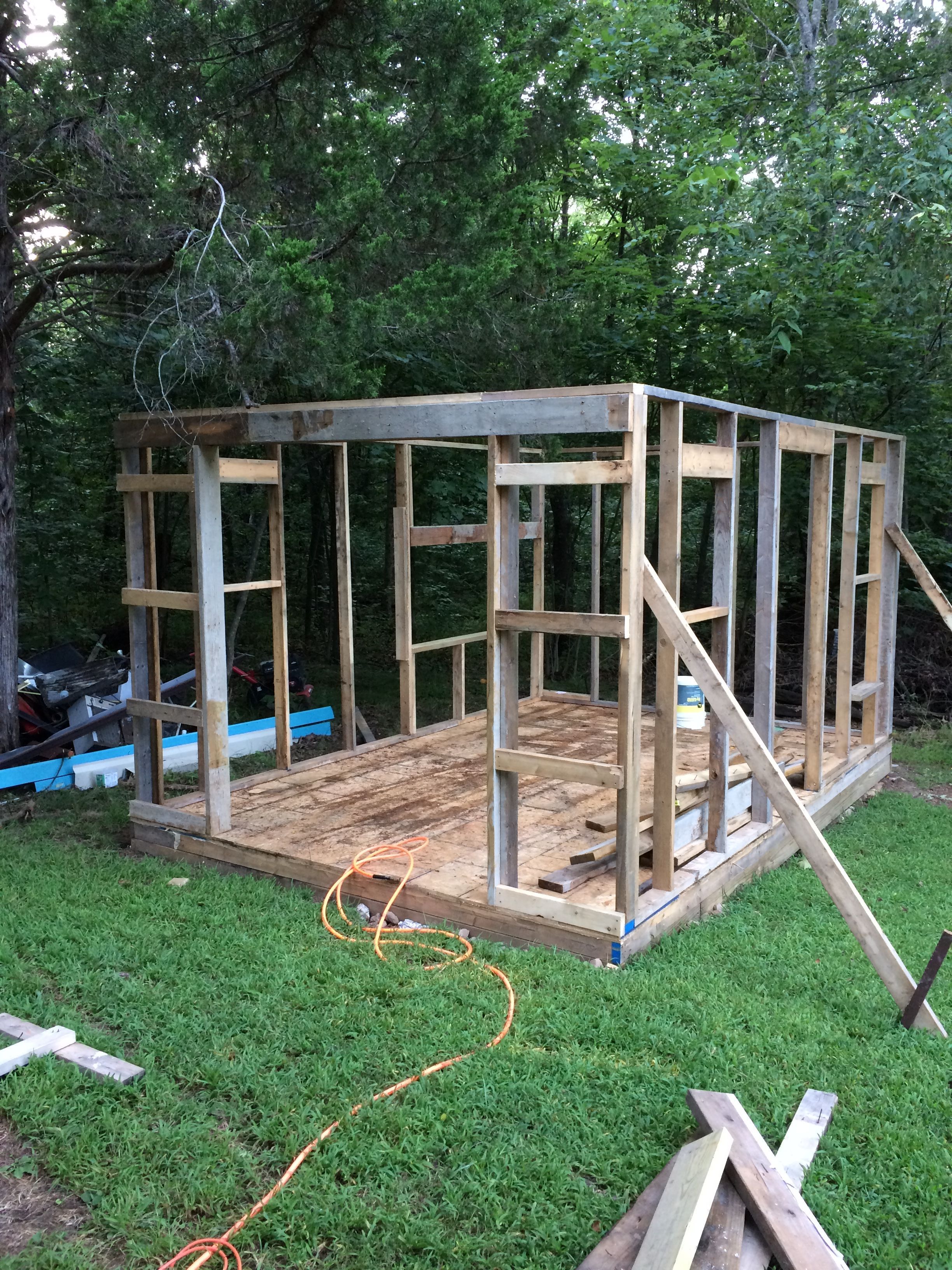 Yeah! Four walls are up. The front wall will have double doors for easy access to clean the floor. The wall on the left will have a window and 10 nesting boxes. The food and water systems will mount on the back wall.