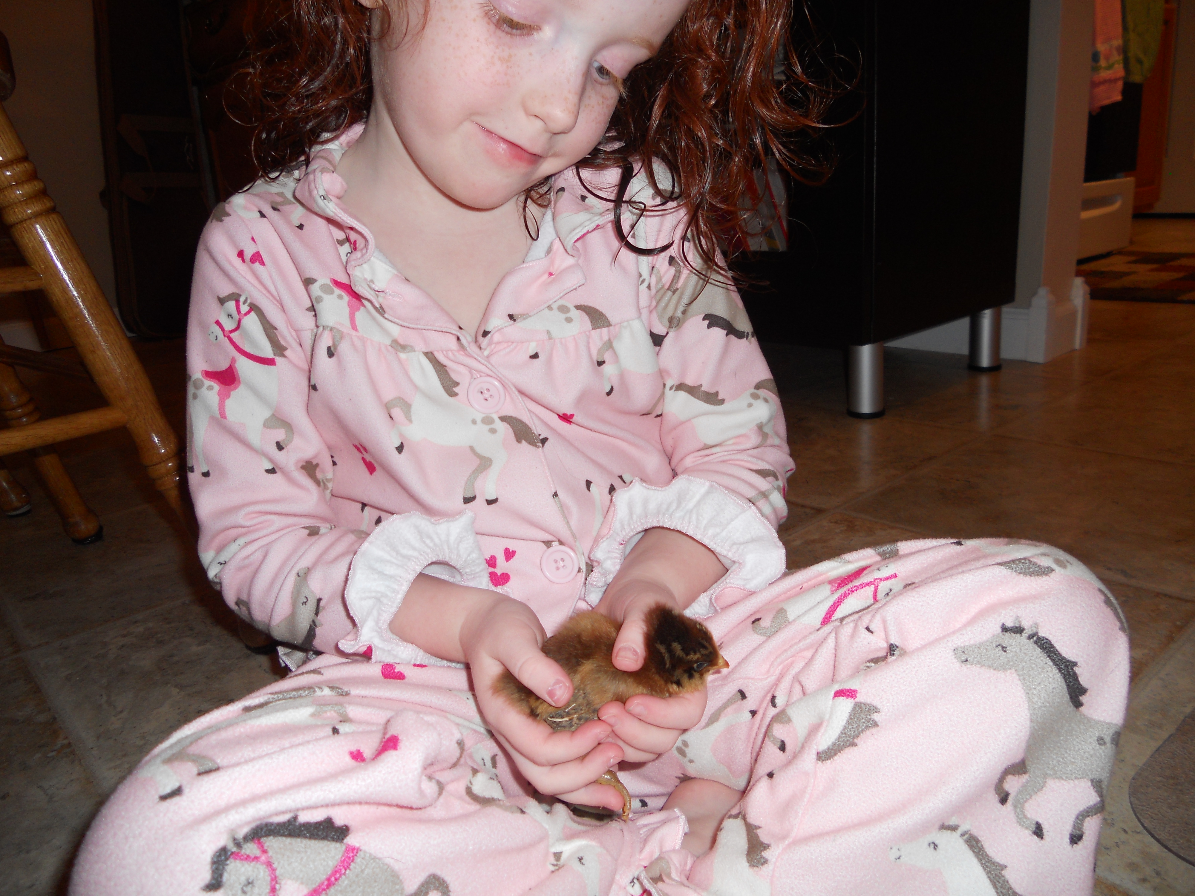 Youngest daughter holding chick.